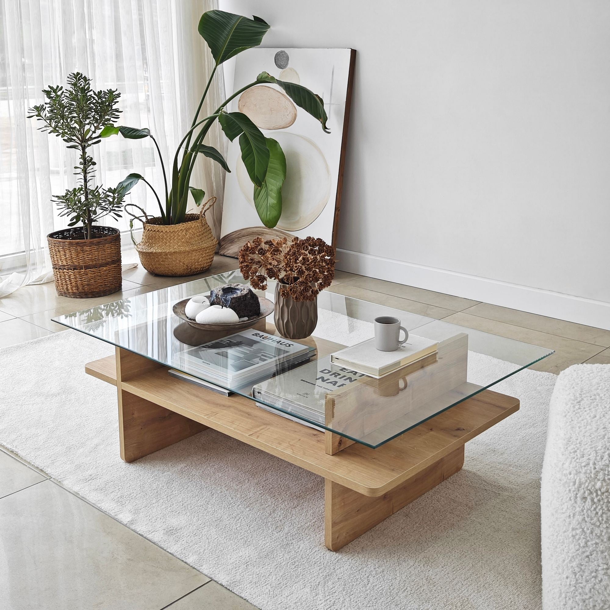 Mesa de Centro – 105 cm x 35 cm x 65 cm – Safira e Transparente – Vidro Temperado e Aglomerado