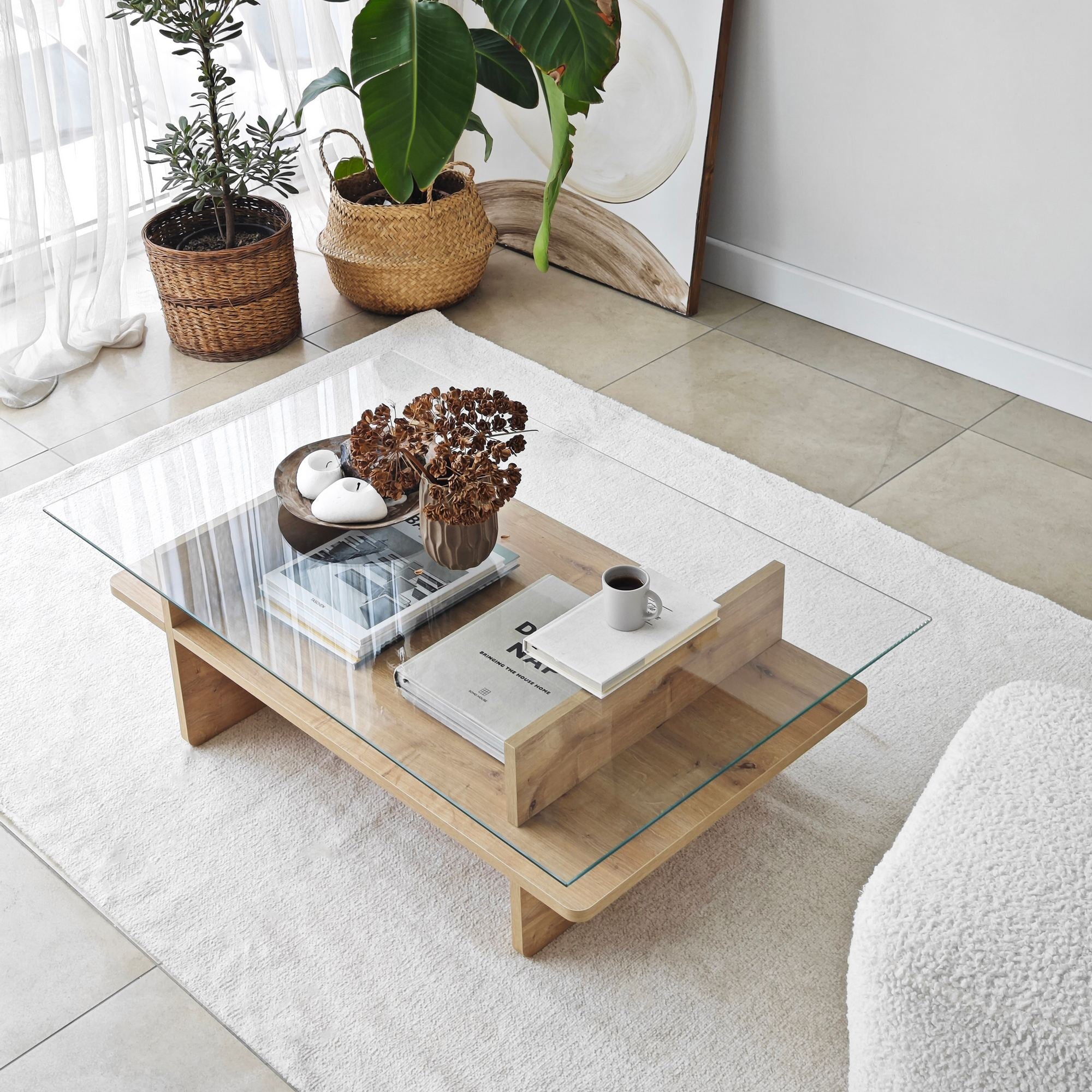 Mesa de Centro – 105 cm x 35 cm x 65 cm – Safira e Transparente – Vidro Temperado e Aglomerado