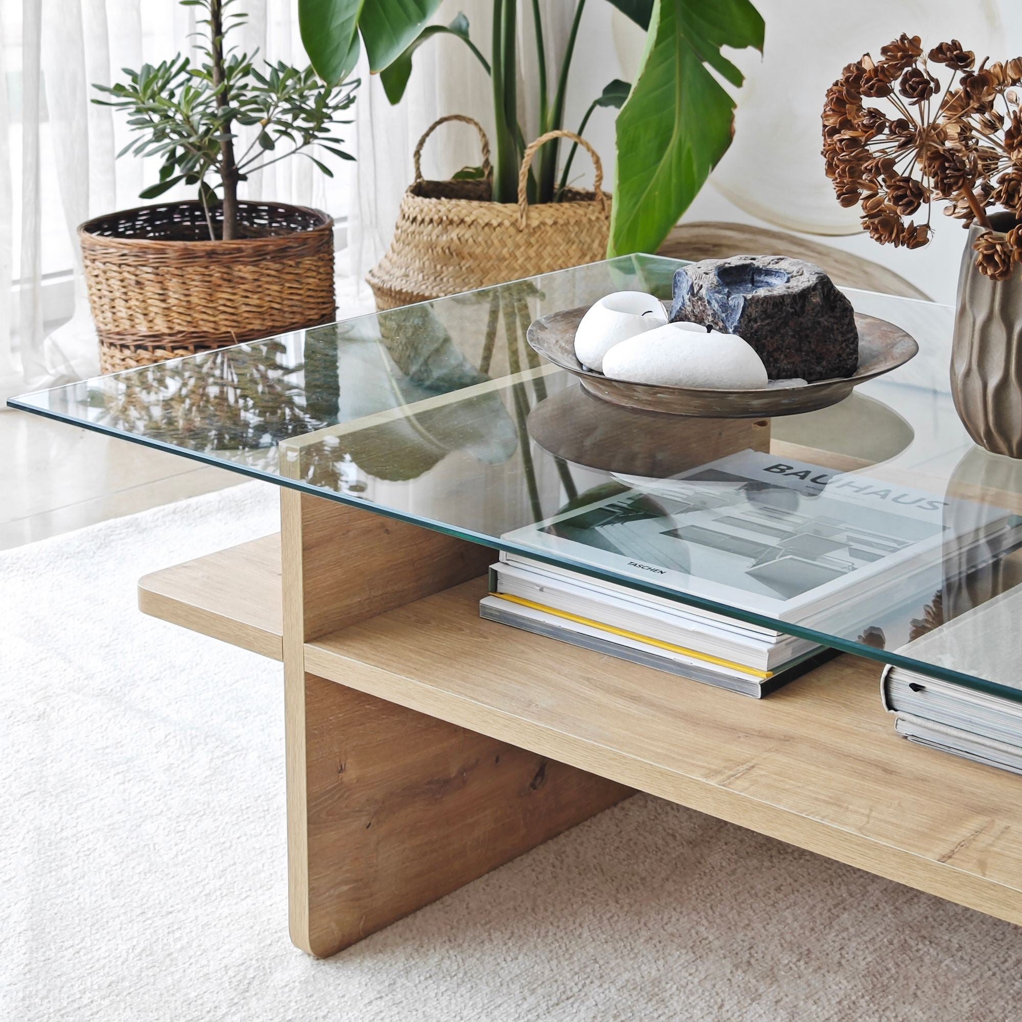 Mesa de Centro – 105 cm x 35 cm x 65 cm – Safira e Transparente – Vidro Temperado e Aglomerado