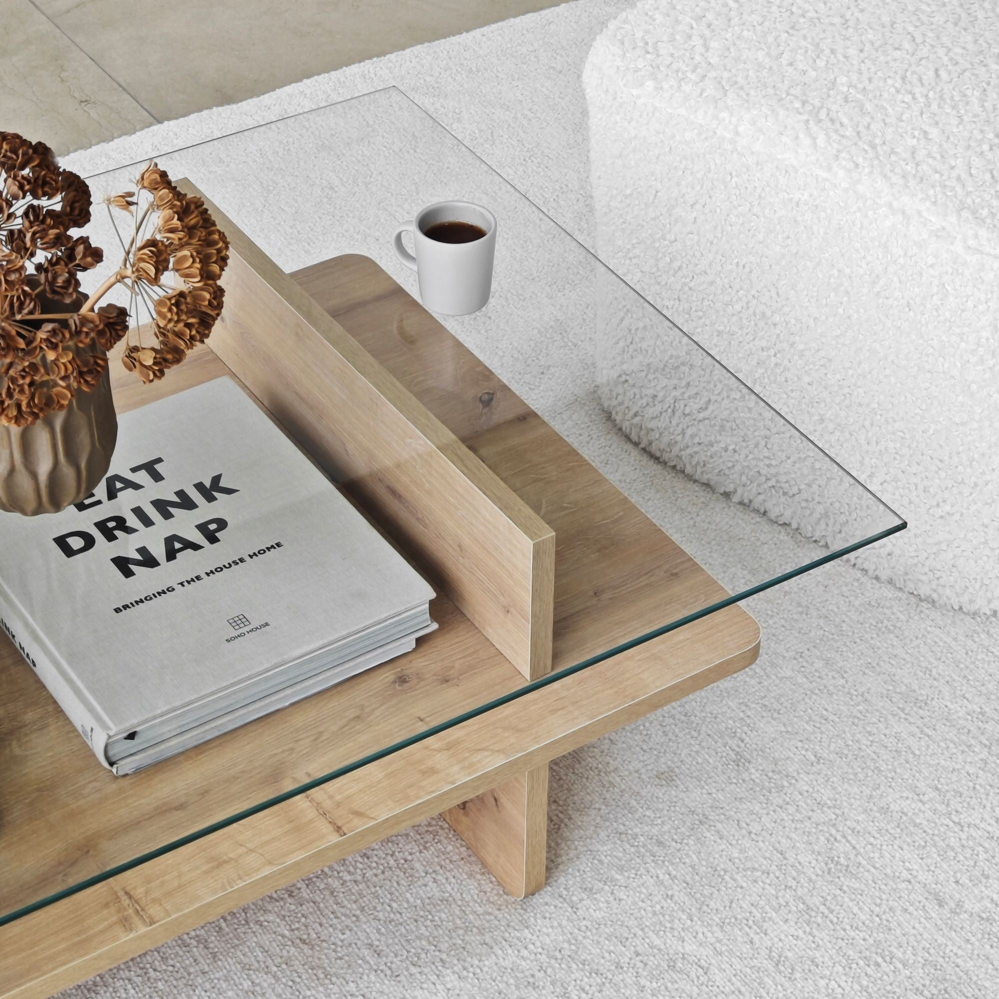 Mesa de Centro – 105 cm x 35 cm x 65 cm – Safira e Transparente – Vidro Temperado e Aglomerado