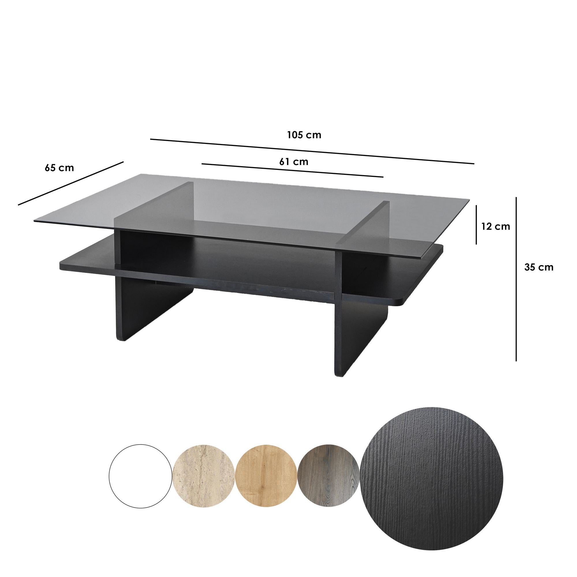 Mesa de Centro – 105cm x 35cm x 65cm – Fumado e Preto – Vidro e Aglomerado