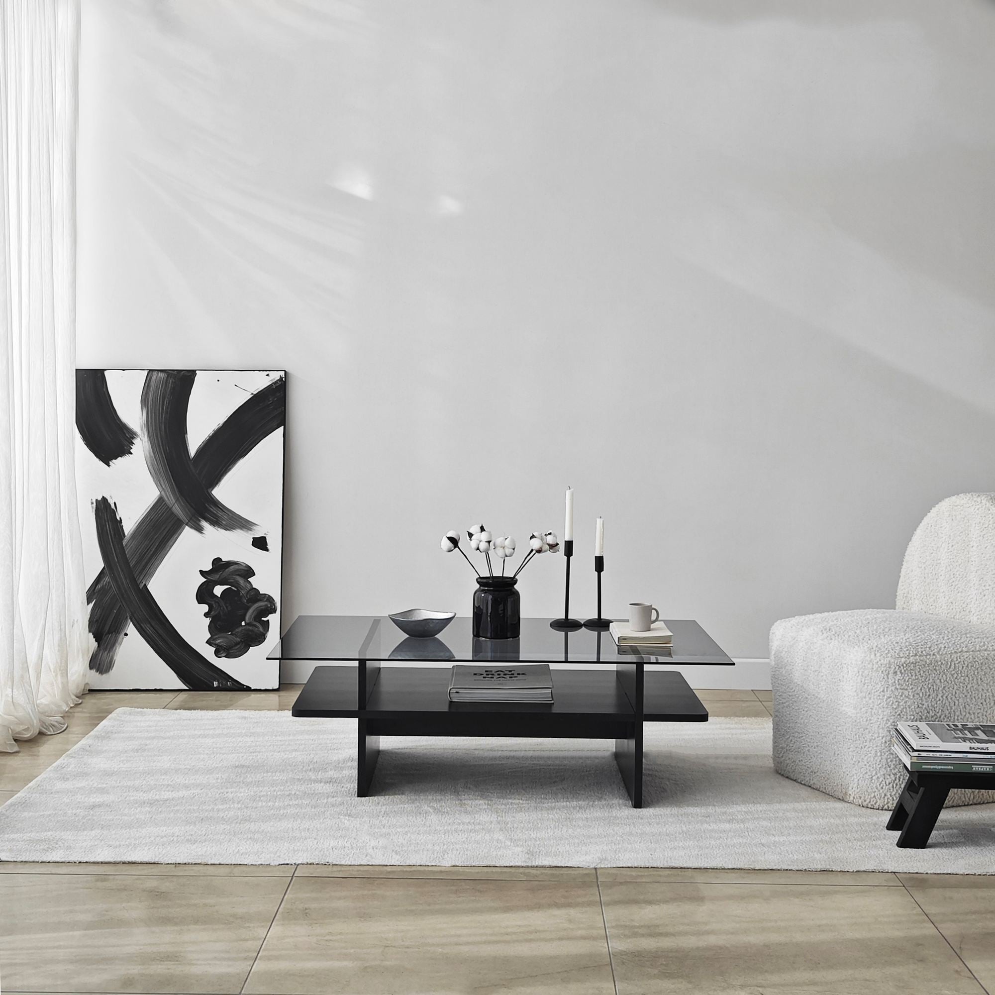 Mesa de Centro – 105cm x 35cm x 65cm – Fumado e Preto – Vidro e Aglomerado