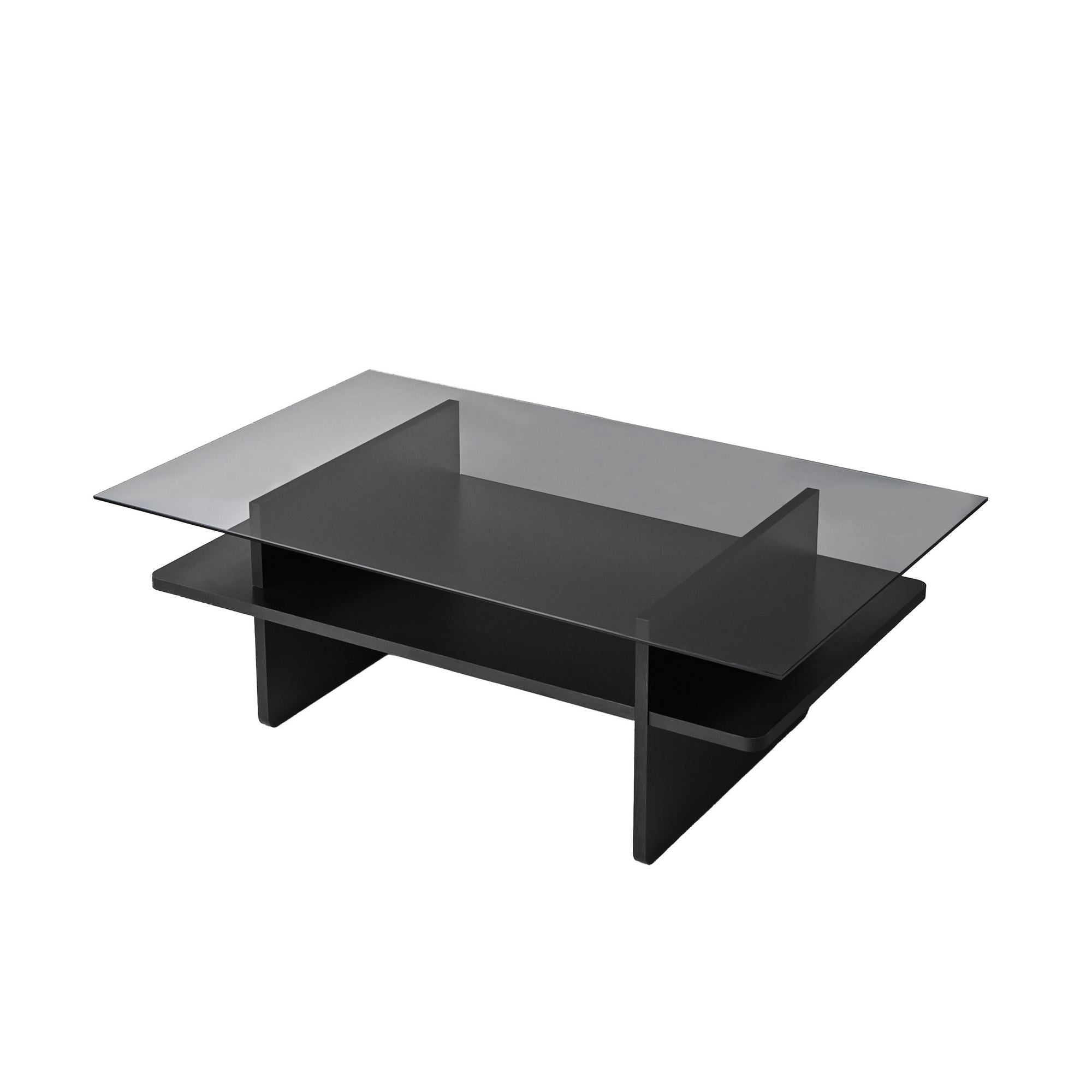 Mesa de Centro – 105cm x 35cm x 65cm – Fumado e Preto – Vidro e Aglomerado