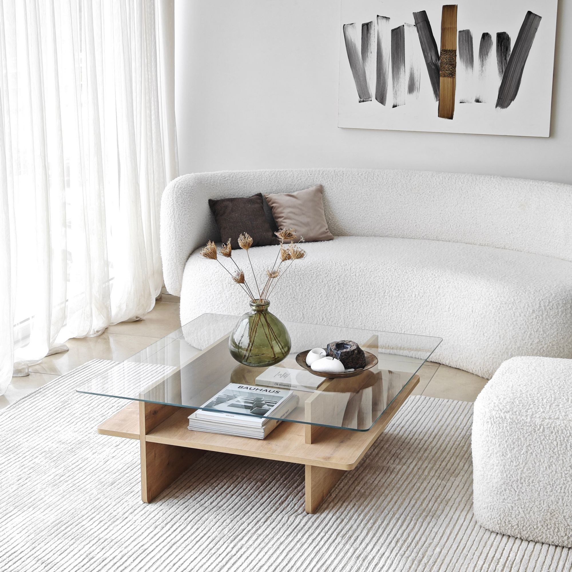 Mesa de Centro – 90cm x 35cm x 90cm – Safira e Transparente – Vidro e Painel de Partículas