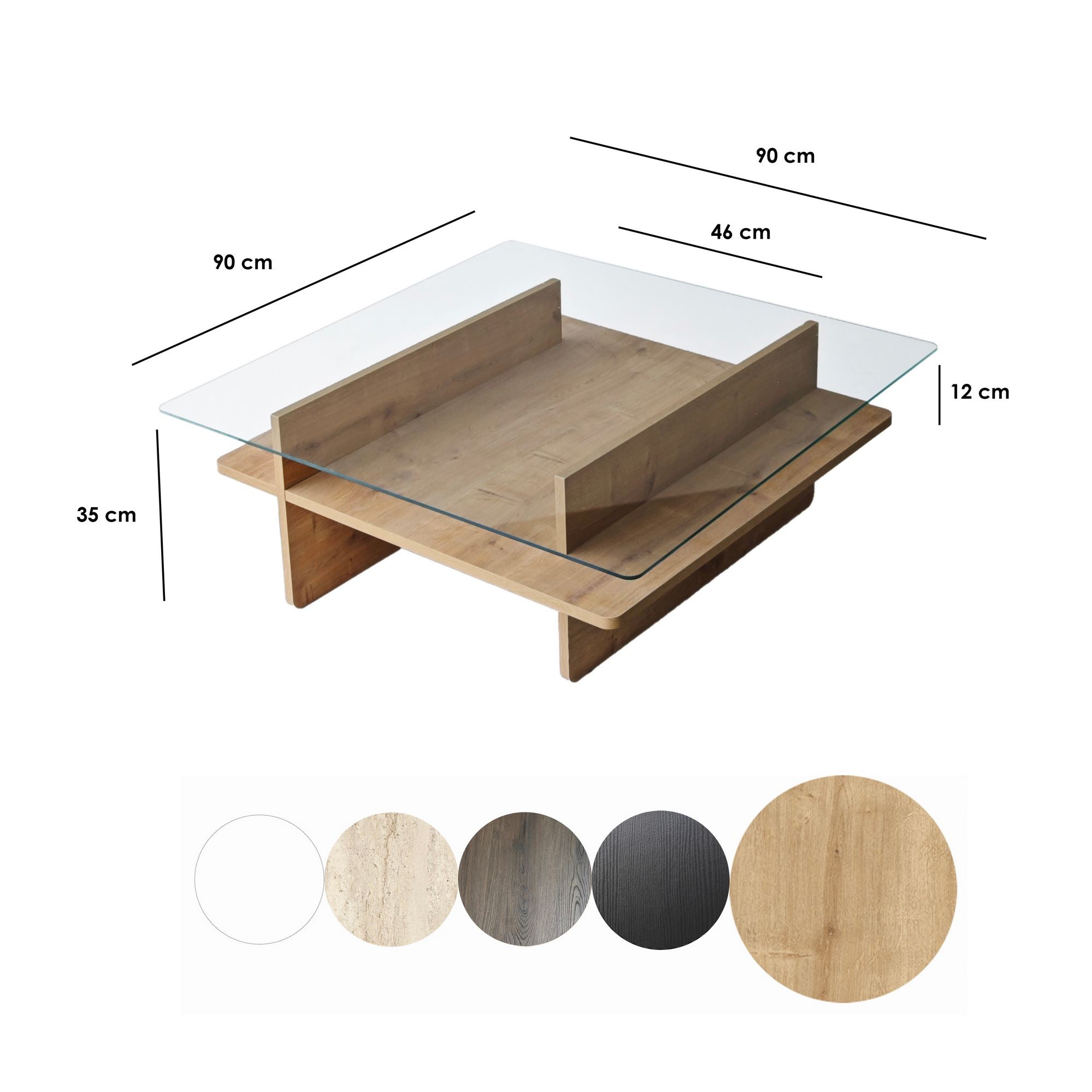 Mesa de Centro – 90cm x 35cm x 90cm – Safira e Transparente – Vidro e Painel de Partículas