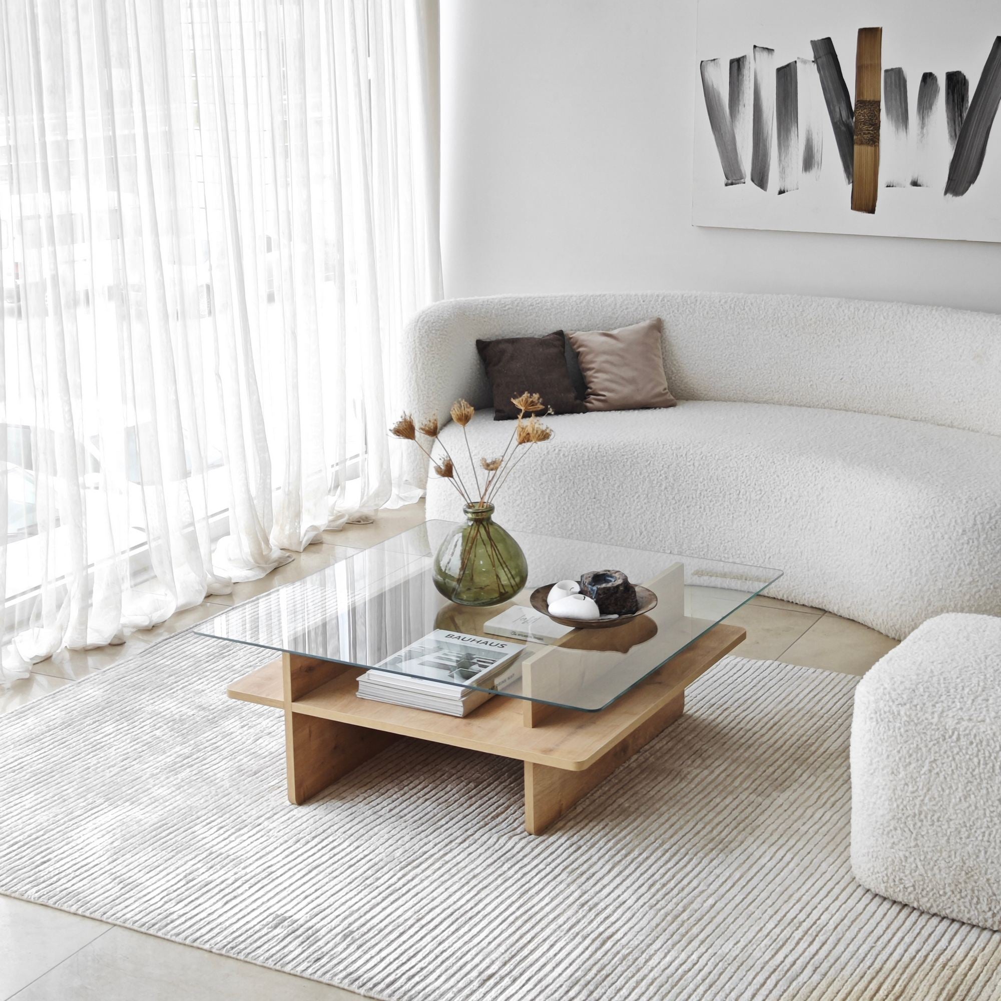 Mesa de Centro – 90cm x 35cm x 90cm – Safira e Transparente – Vidro e Painel de Partículas