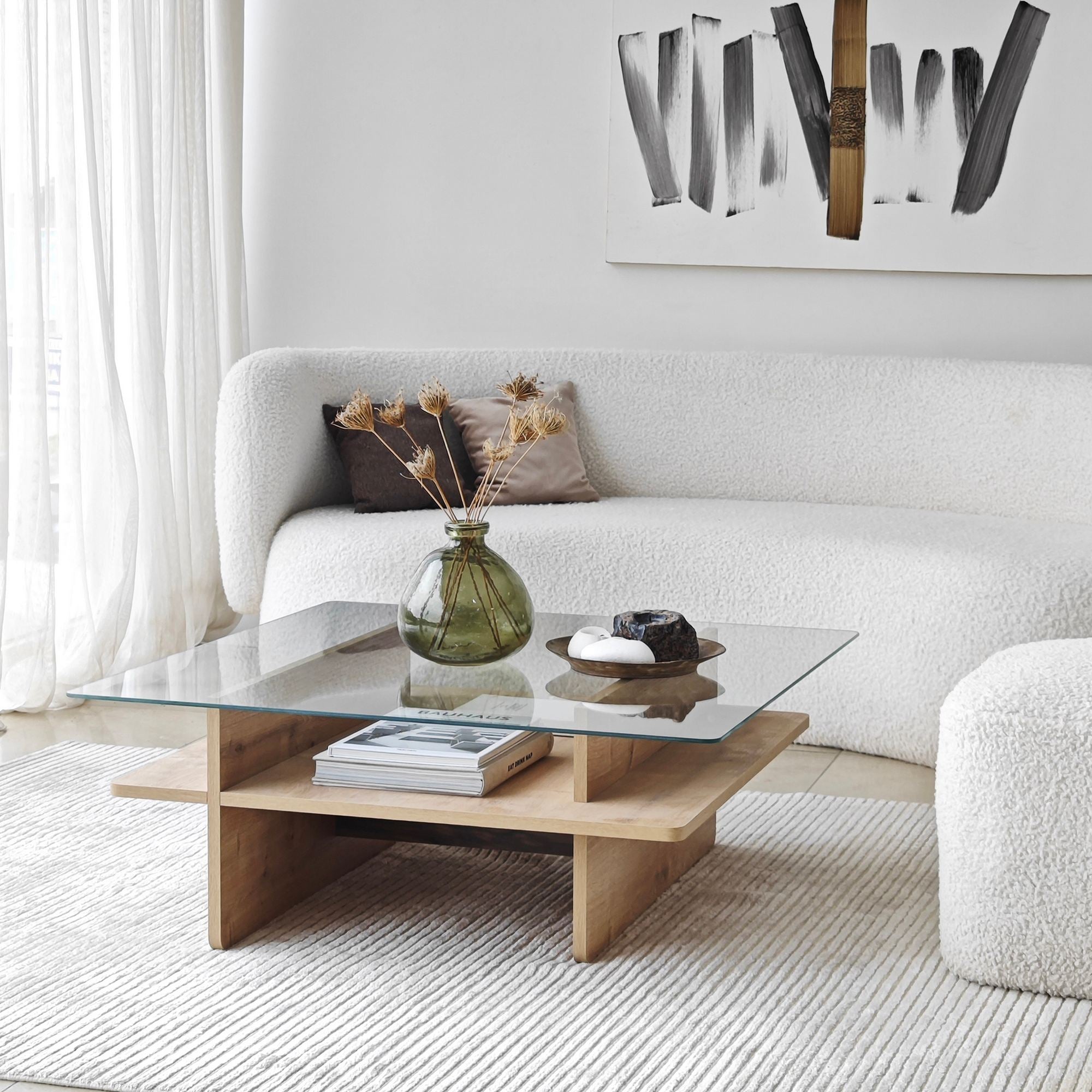 Mesa de Centro – 90cm x 35cm x 90cm – Safira e Transparente – Vidro e Painel de Partículas