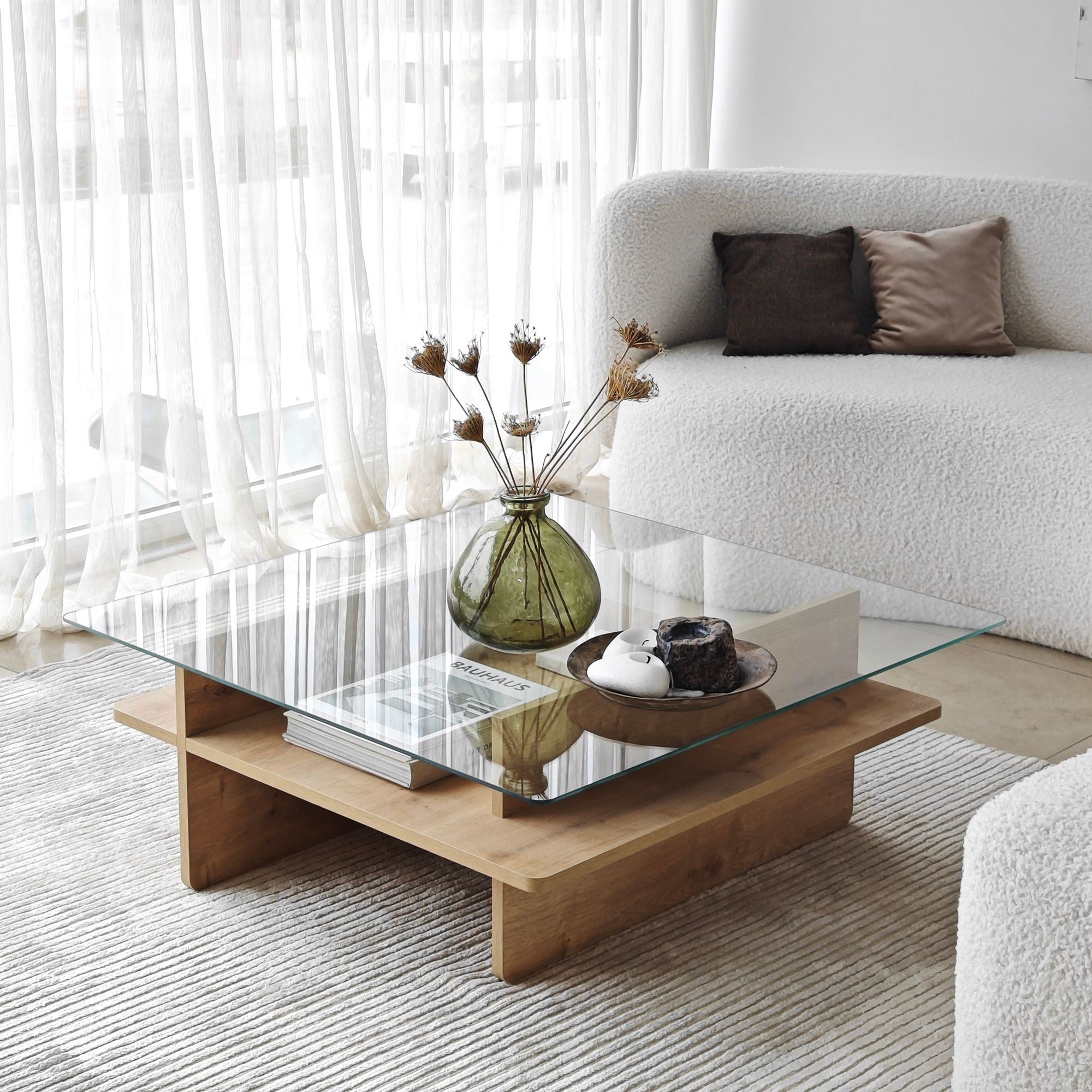 Mesa de Centro – 90cm x 35cm x 90cm – Safira e Transparente – Vidro e Painel de Partículas