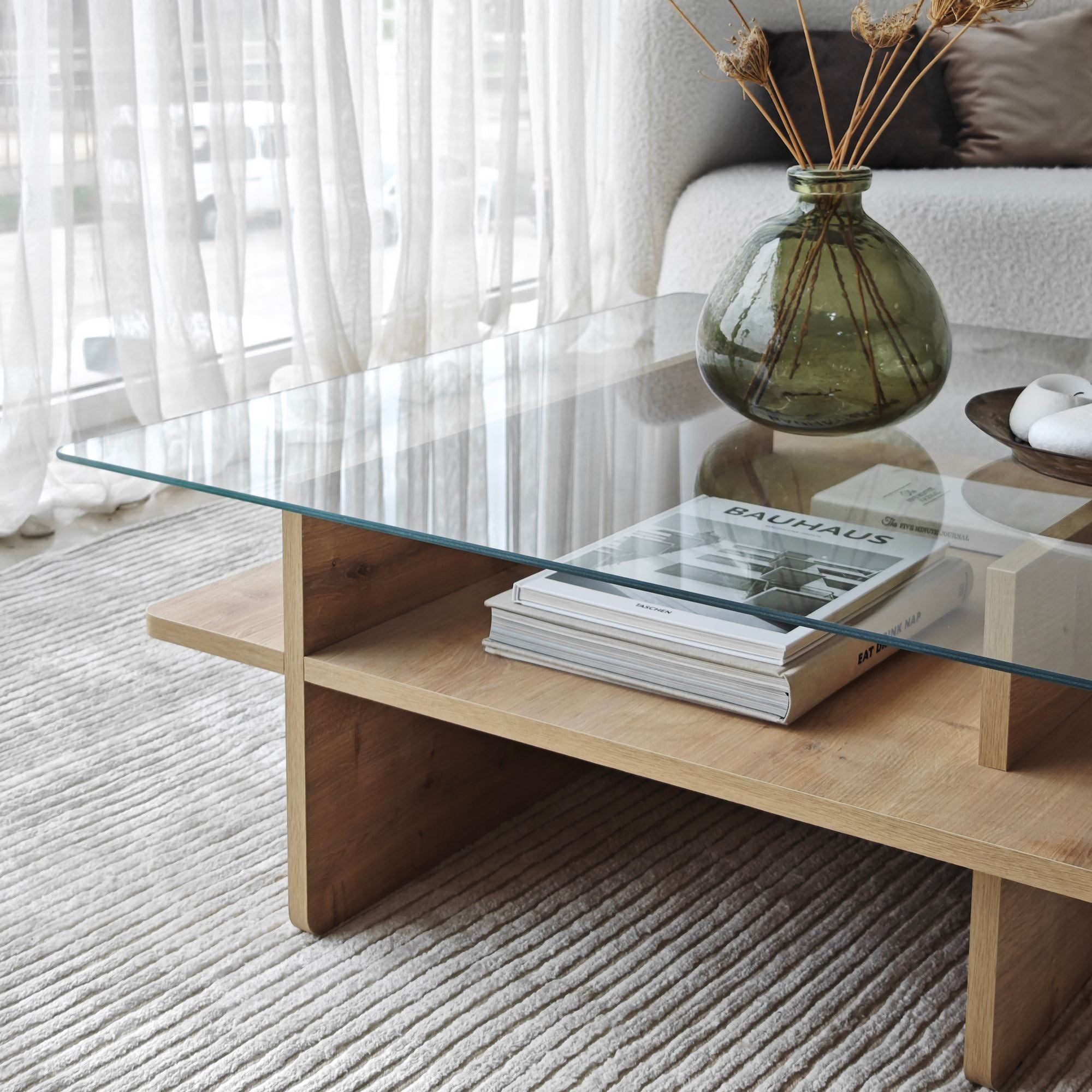 Mesa de Centro – 90cm x 35cm x 90cm – Safira e Transparente – Vidro e Painel de Partículas
