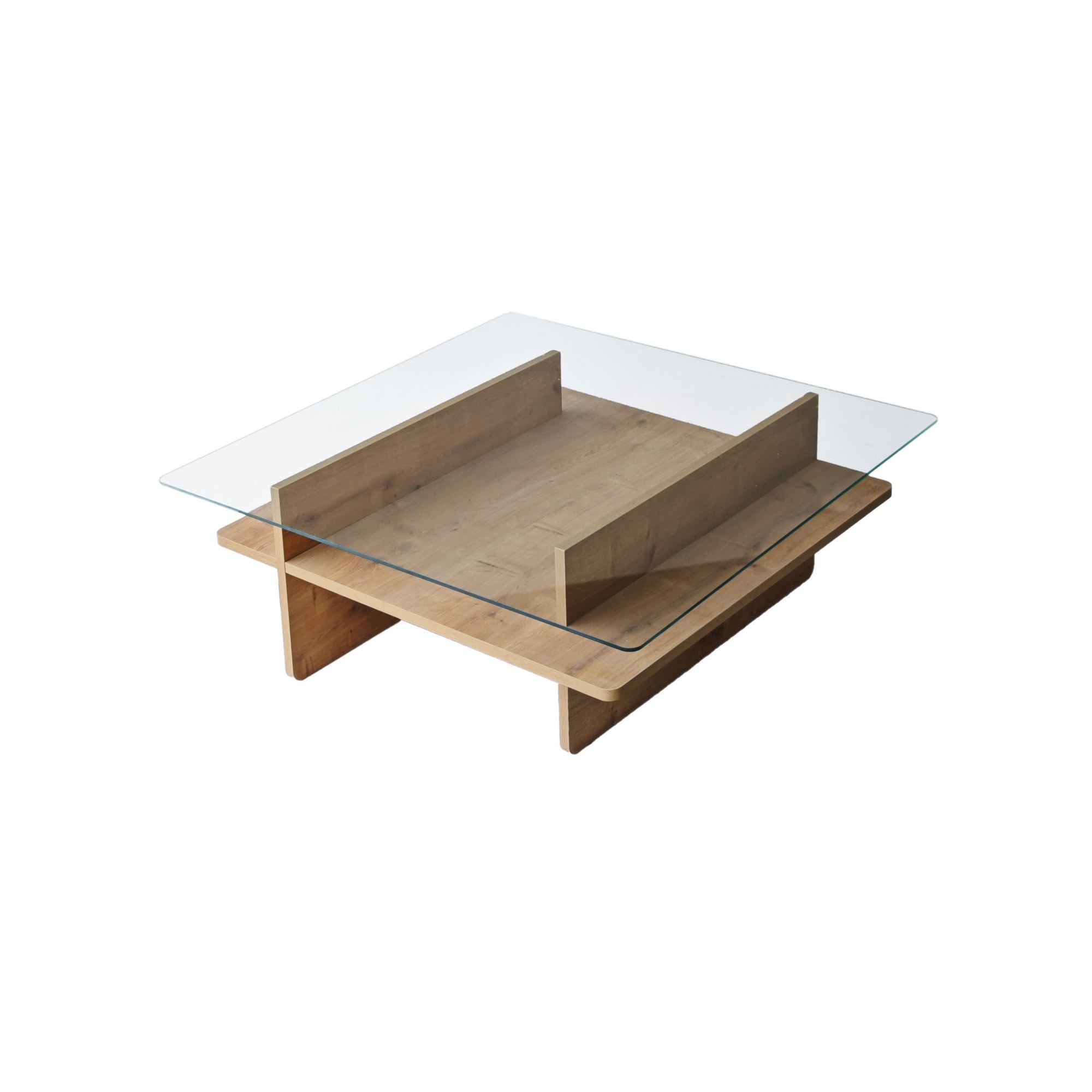 Mesa de Centro – 90cm x 35cm x 90cm – Safira e Transparente – Vidro e Painel de Partículas