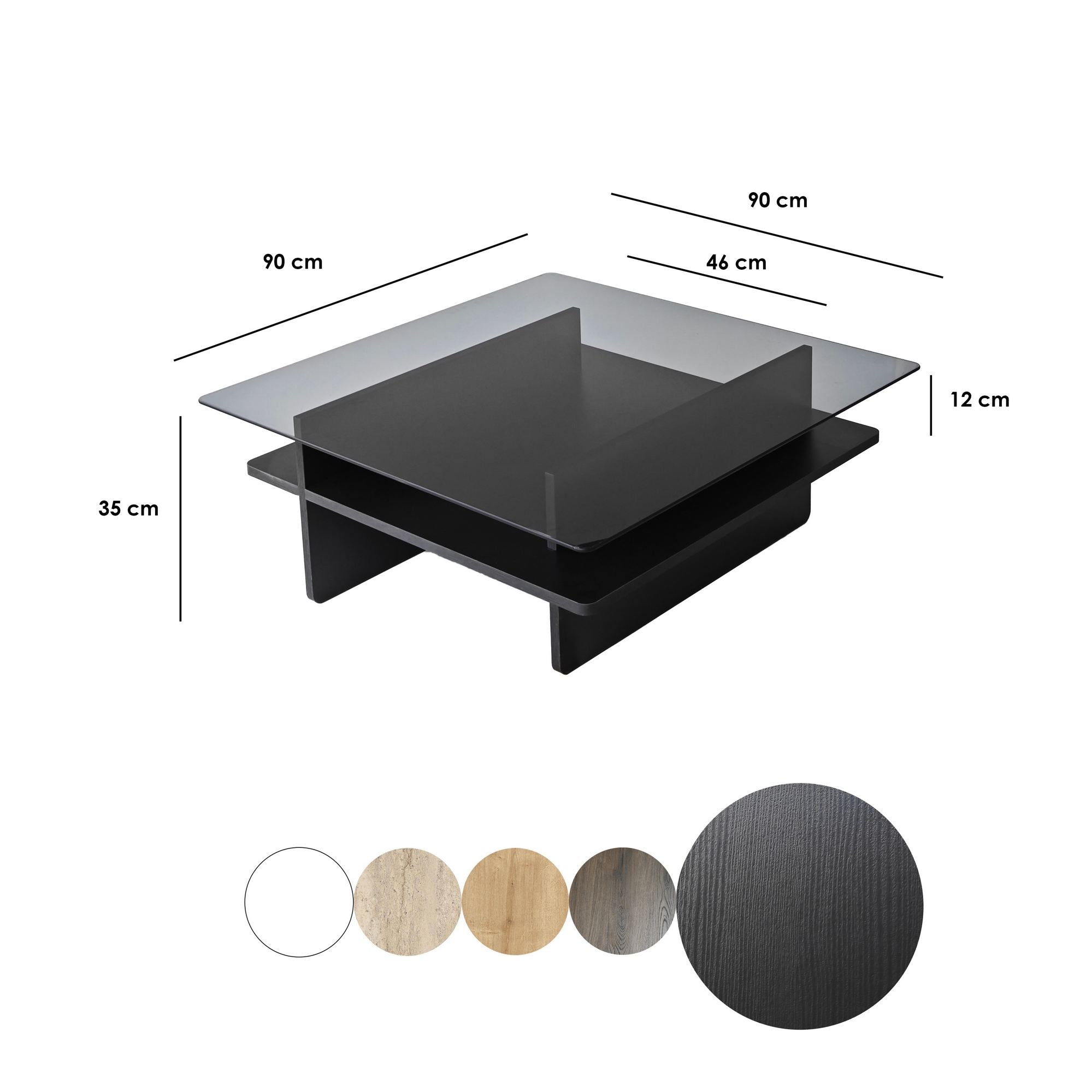 Mesa de Centro – 90cm x 35cm x 90cm – Preto e Fumaça – Vidro e Aglomerado
