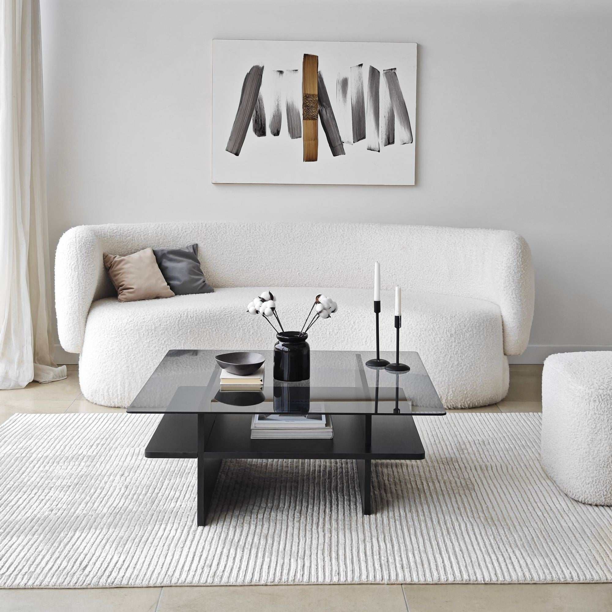 Mesa de Centro – 90cm x 35cm x 90cm – Preto e Fumaça – Vidro e Aglomerado