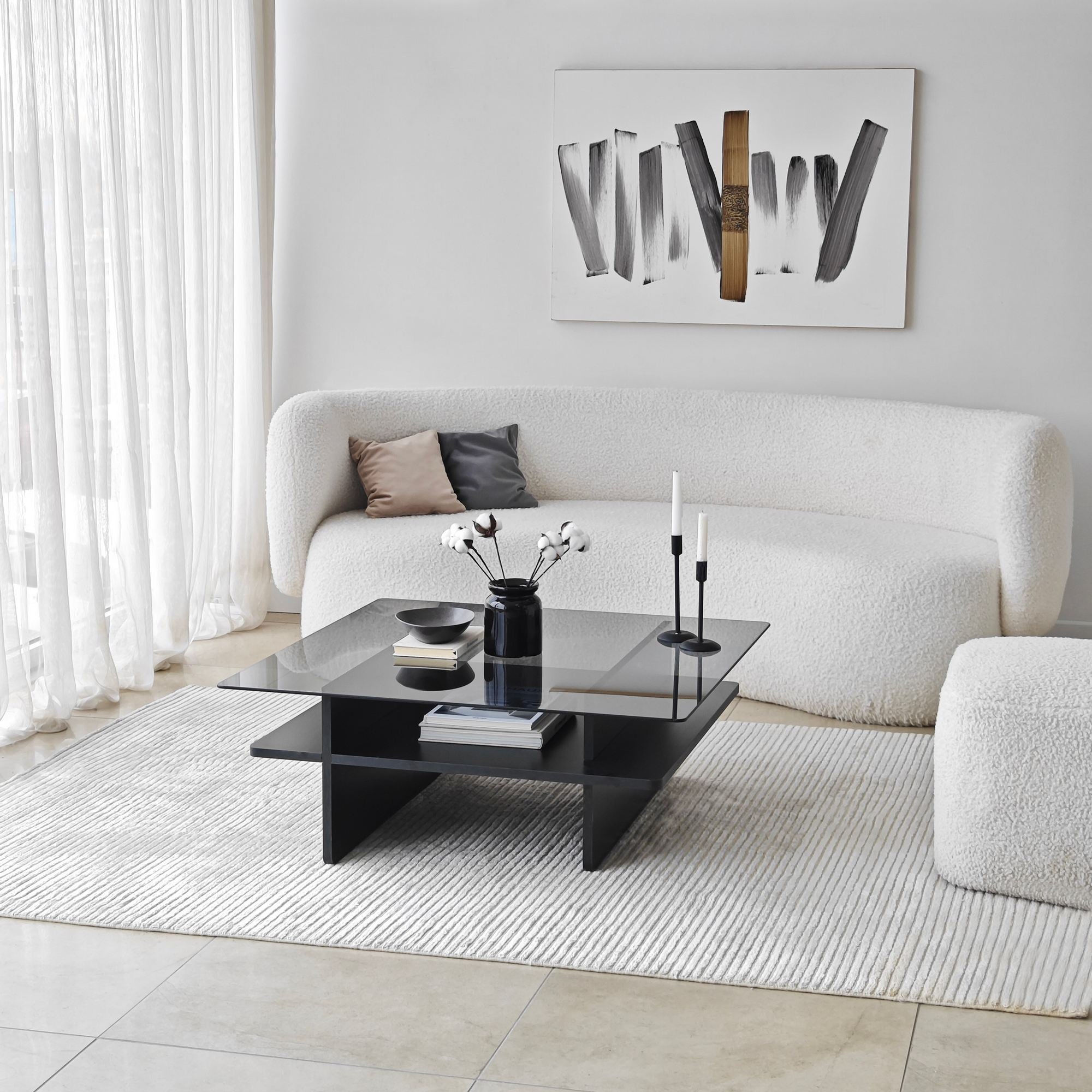 Mesa de Centro – 90cm x 35cm x 90cm – Preto e Fumaça – Vidro e Aglomerado