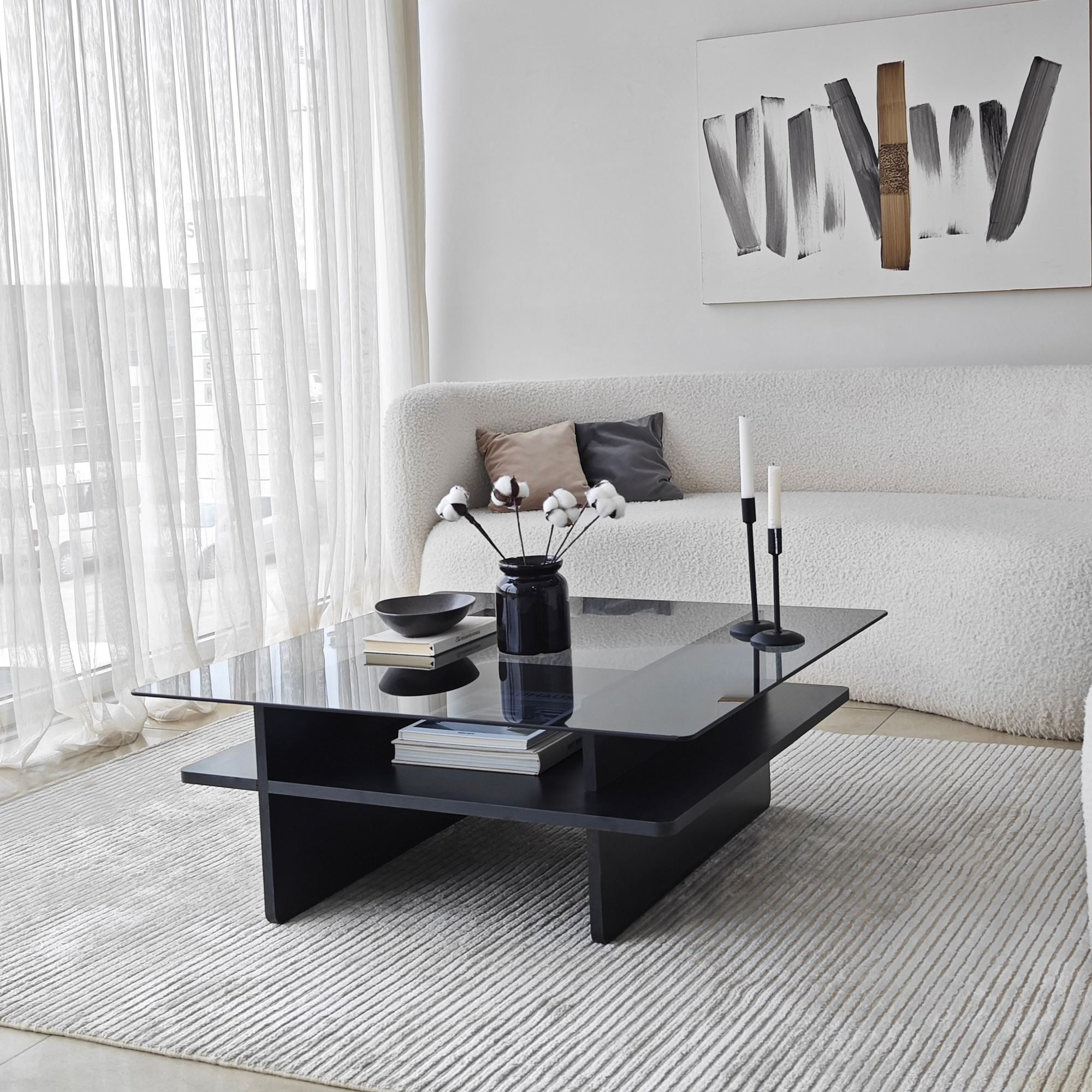 Mesa de Centro – 90cm x 35cm x 90cm – Preto e Fumaça – Vidro e Aglomerado