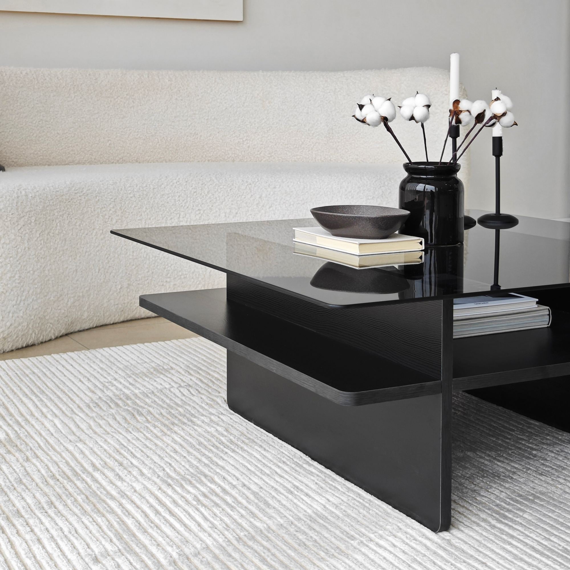 Mesa de Centro – 90cm x 35cm x 90cm – Preto e Fumaça – Vidro e Aglomerado