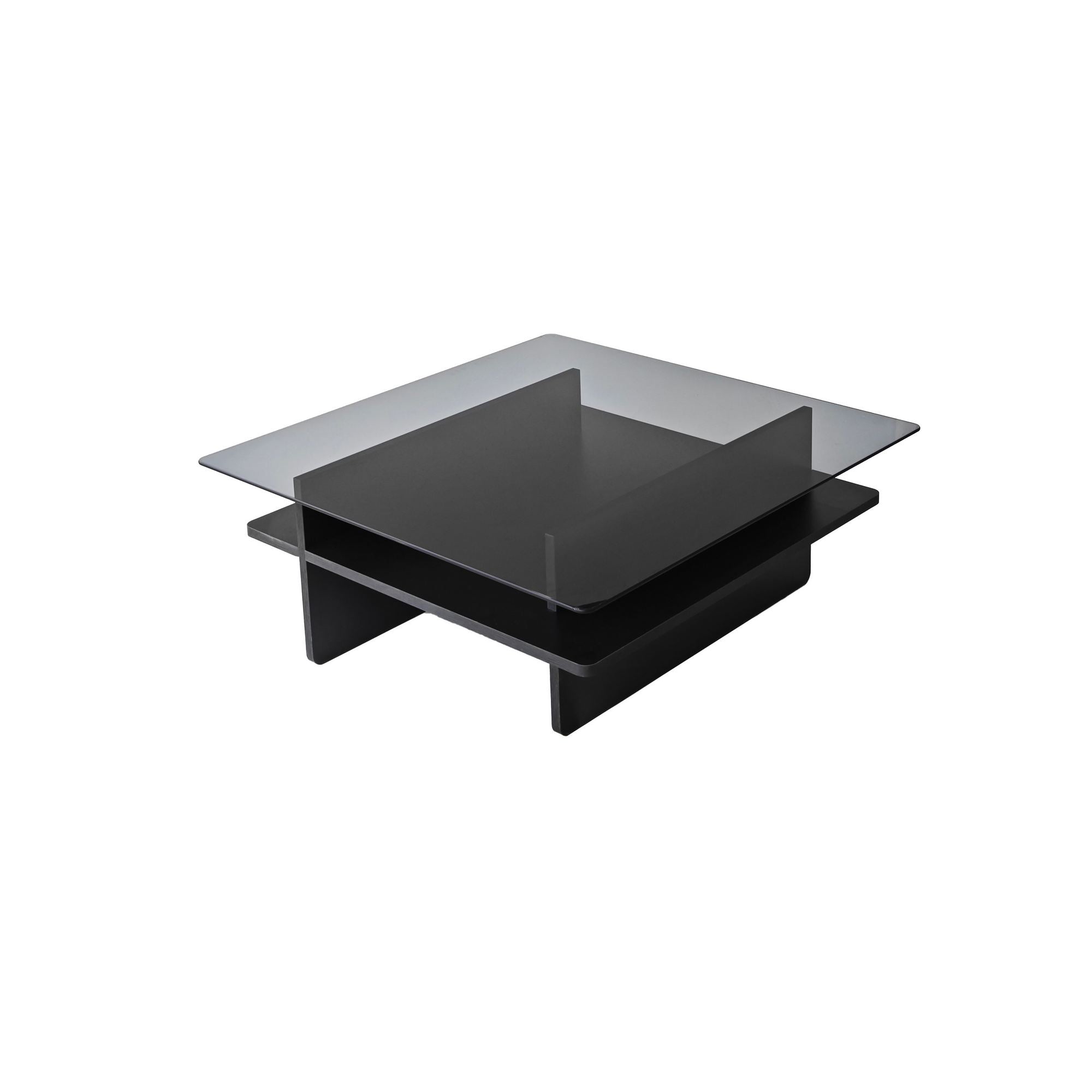 Mesa de Centro – 90cm x 35cm x 90cm – Preto e Fumaça – Vidro e Aglomerado