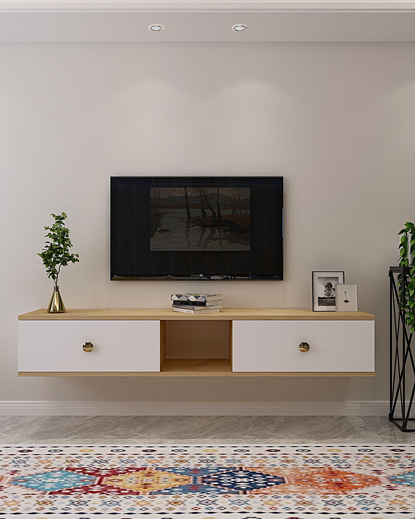 Móvel de TV – 150 cm – Carvalho Safira e Branco – MDF