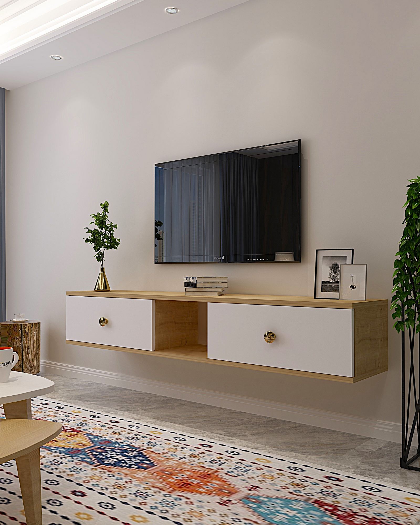 Móvel de TV – 150 cm – Carvalho Safira e Branco – MDF