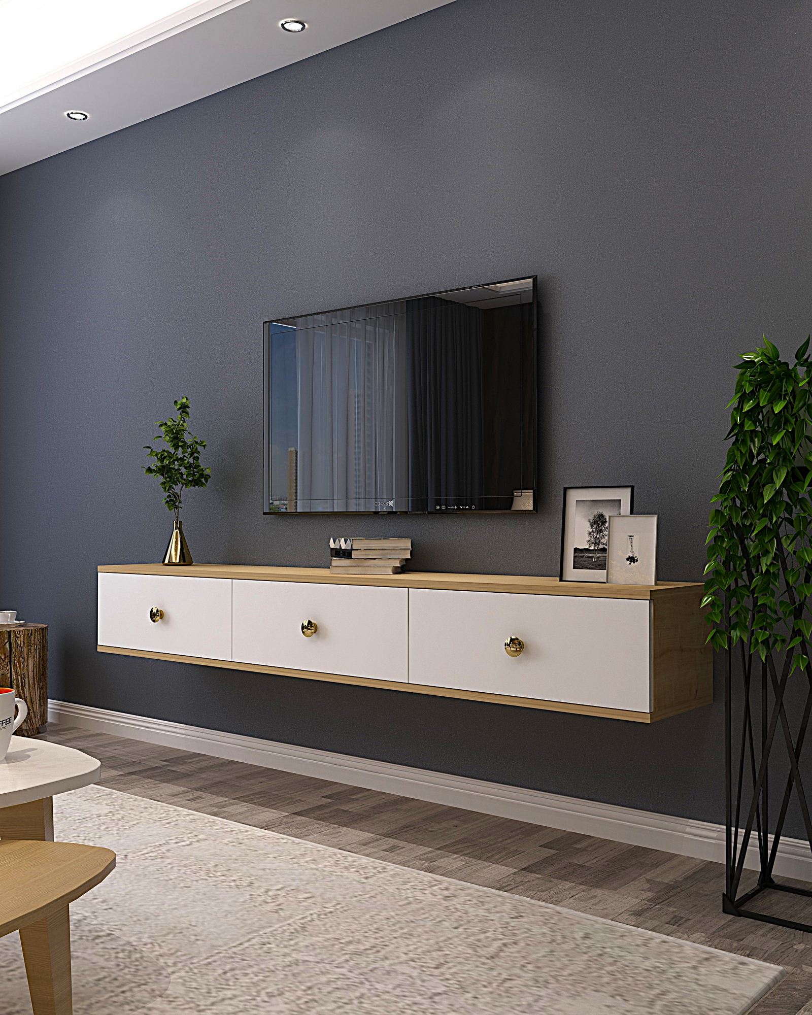 Móvel de TV – 180 cm – Carvalho Safira e Branco – MDF