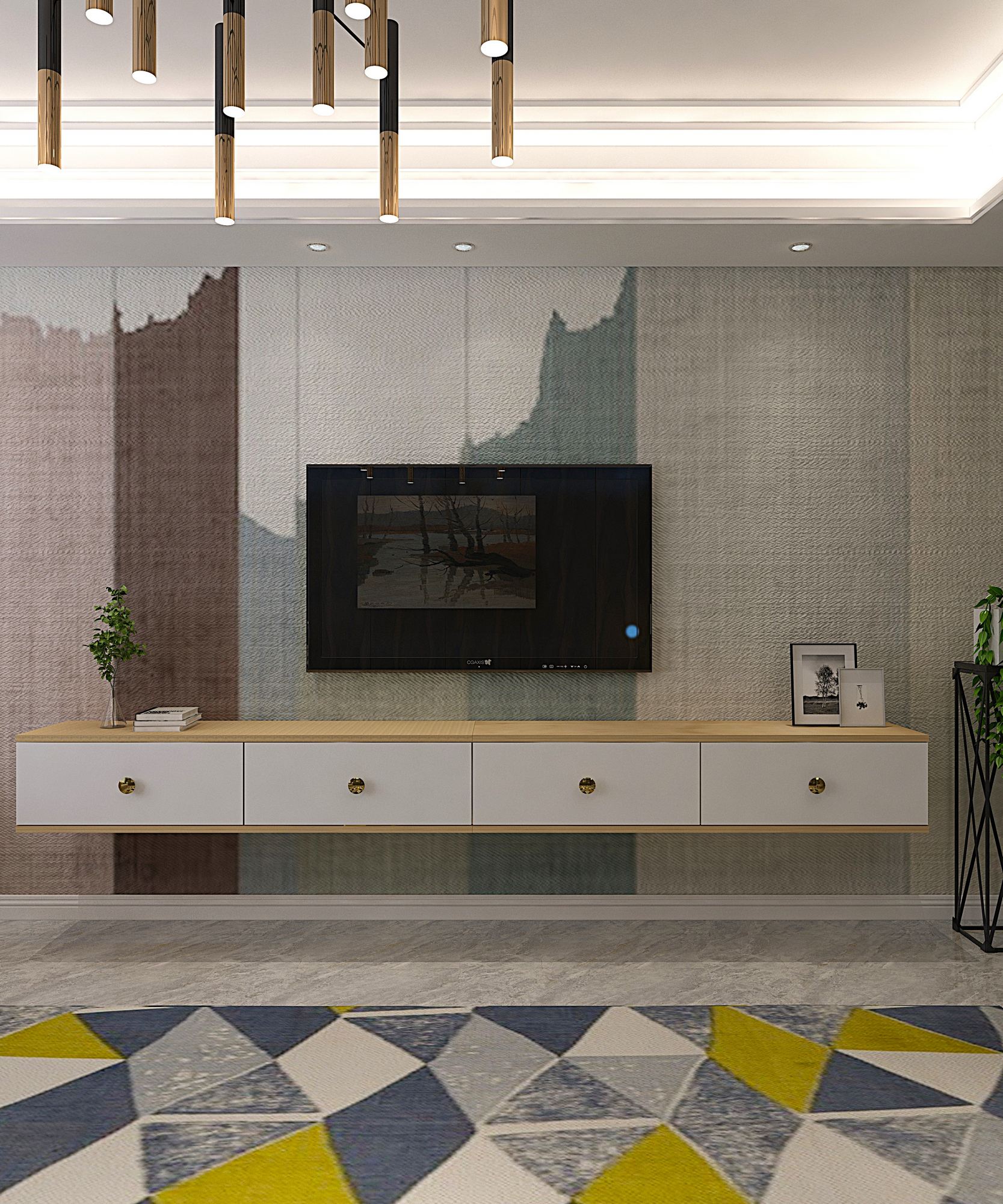 Móvel de TV – 240 cm x 25,6 cm x 29,6 cm – Carvalho Safira e Branco – MDF