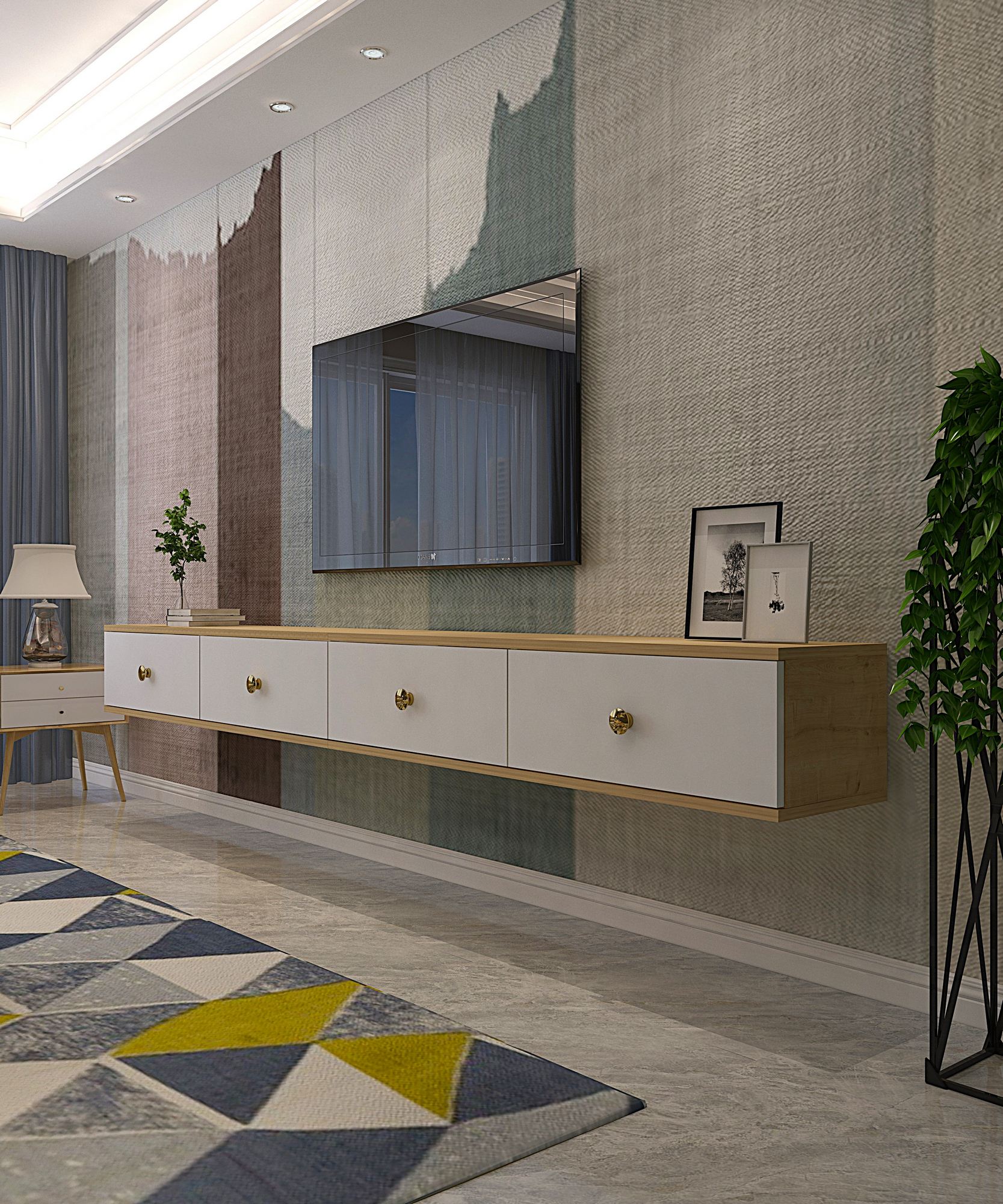 Móvel de TV – 240 cm x 25,6 cm x 29,6 cm – Carvalho Safira e Branco – MDF