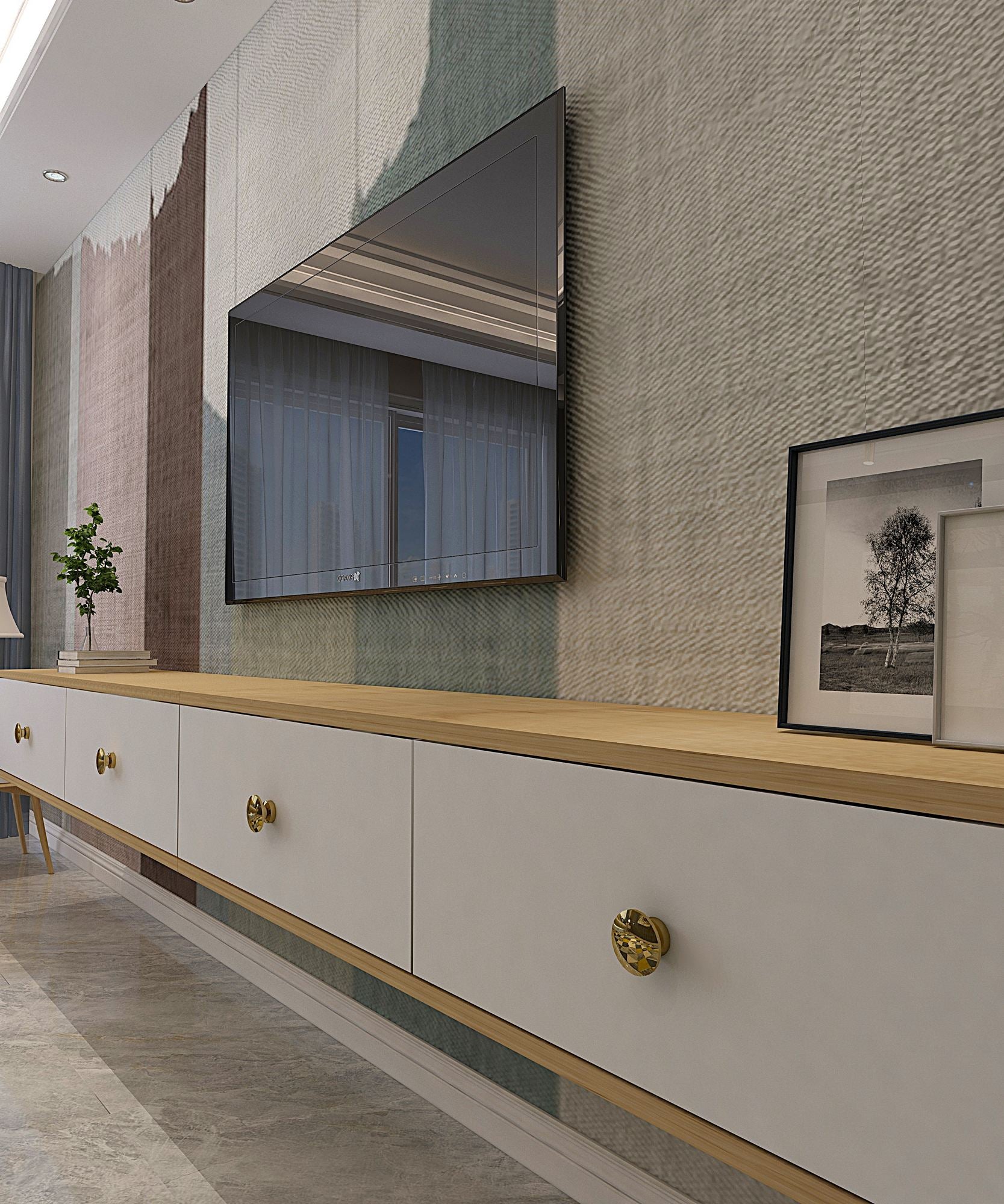 Móvel de TV – 240 cm x 25,6 cm x 29,6 cm – Carvalho Safira e Branco – MDF