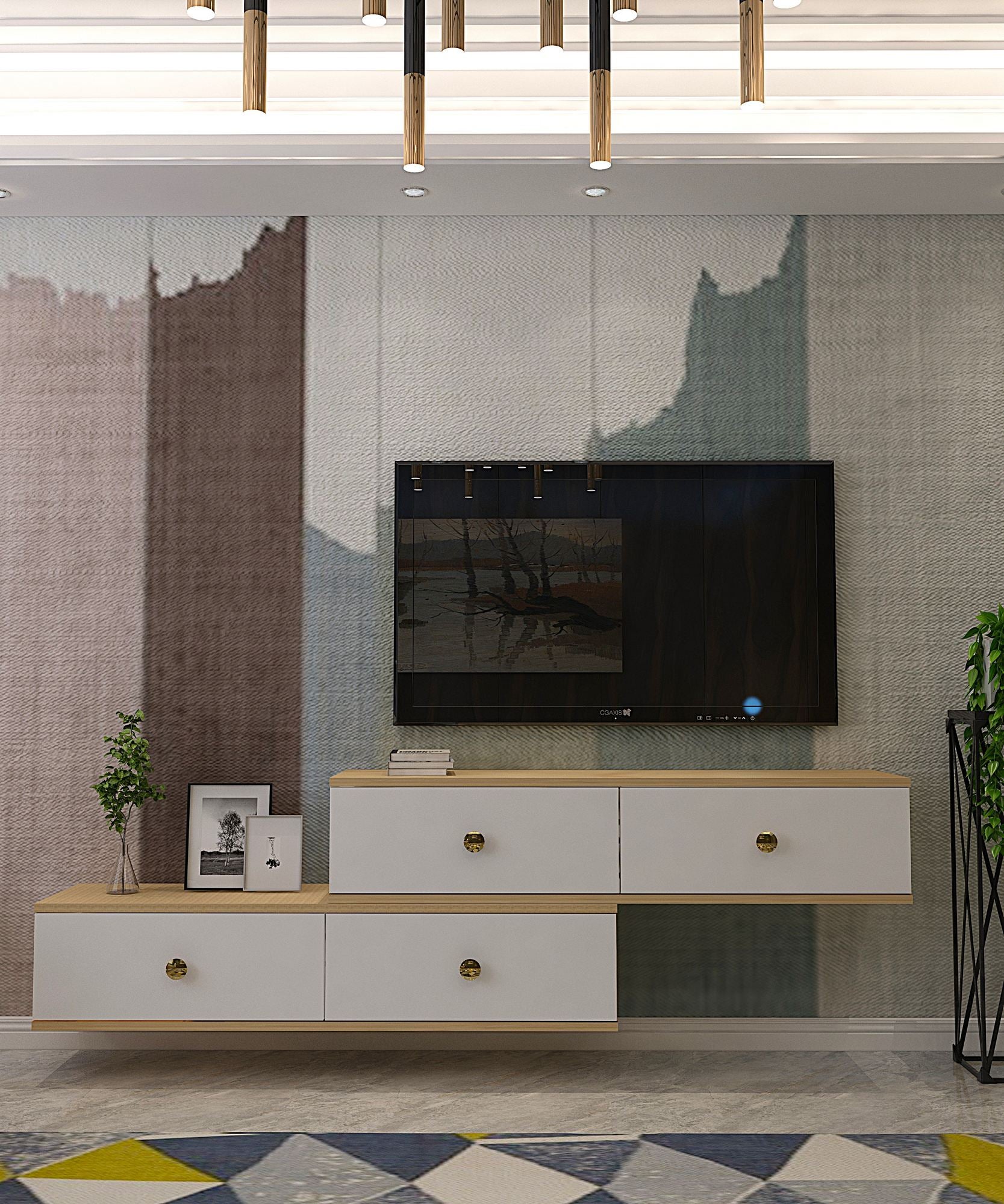 Móvel de TV – 240 cm x 25,6 cm x 29,6 cm – Carvalho Safira e Branco – MDF