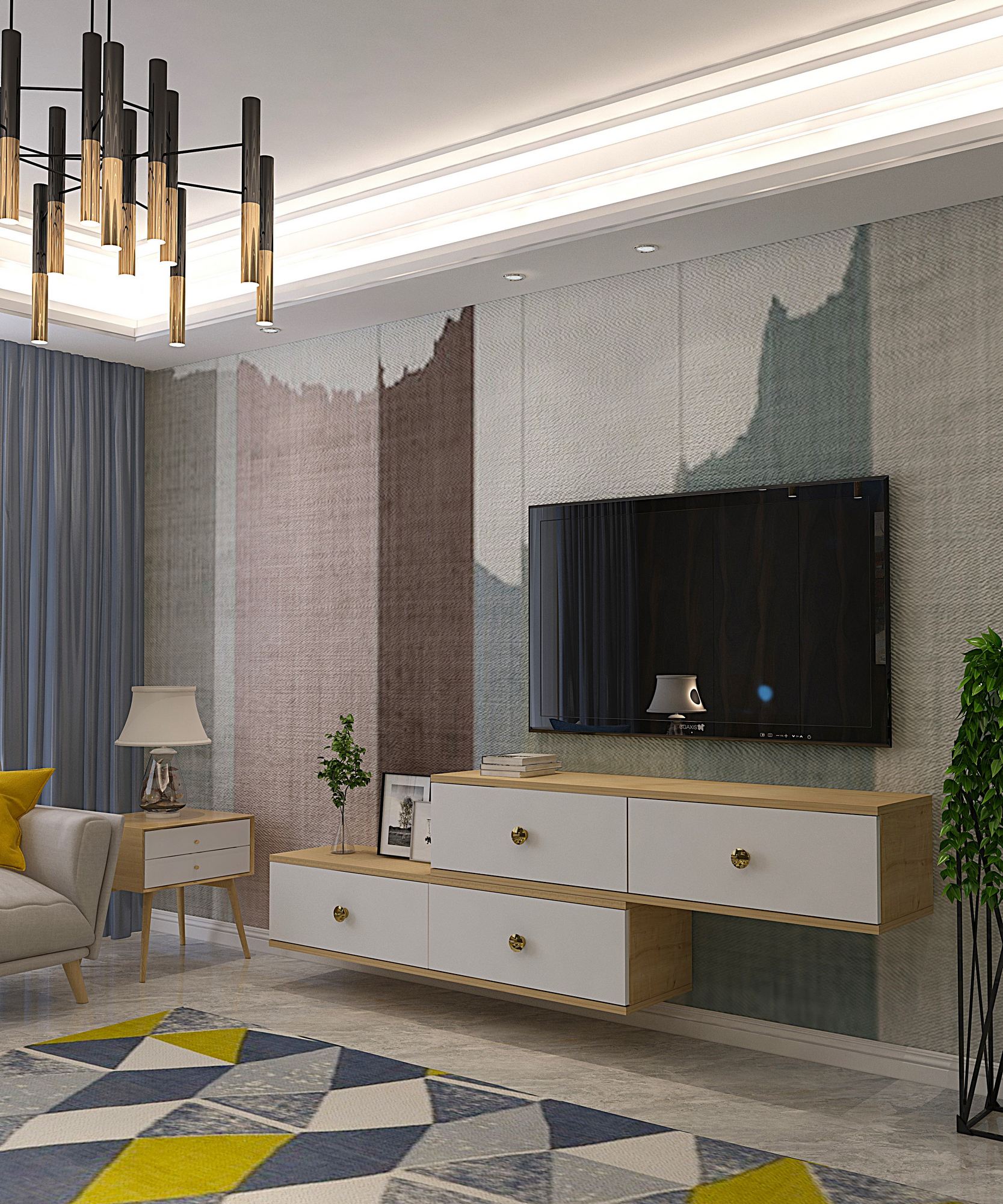 Móvel de TV – 240 cm x 25,6 cm x 29,6 cm – Carvalho Safira e Branco – MDF