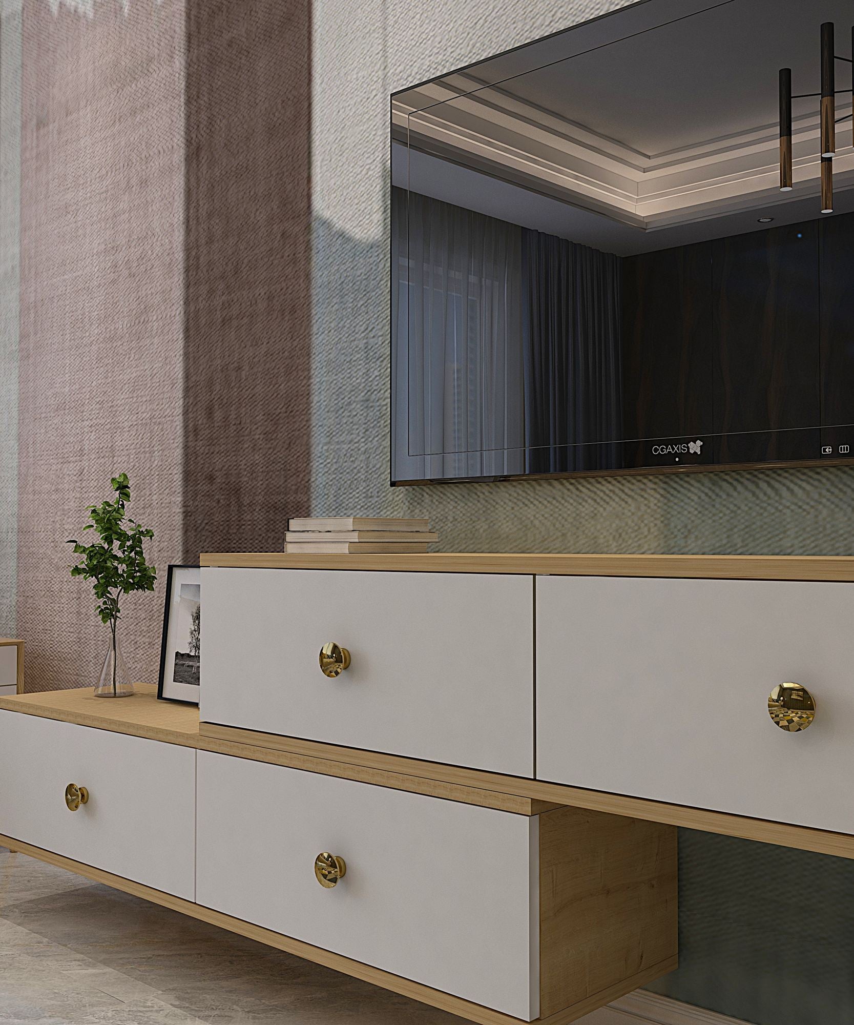 Móvel de TV – 240 cm x 25,6 cm x 29,6 cm – Carvalho Safira e Branco – MDF