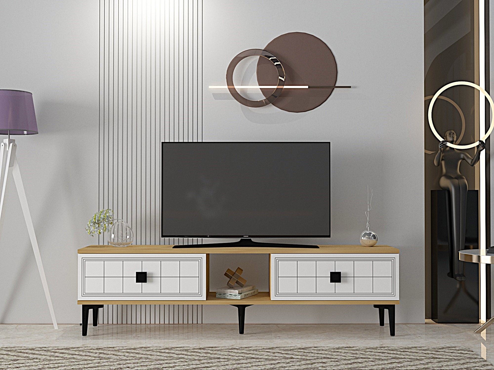 Móvel de TV – 150cm – Carvalho Safira e Branco – MDF