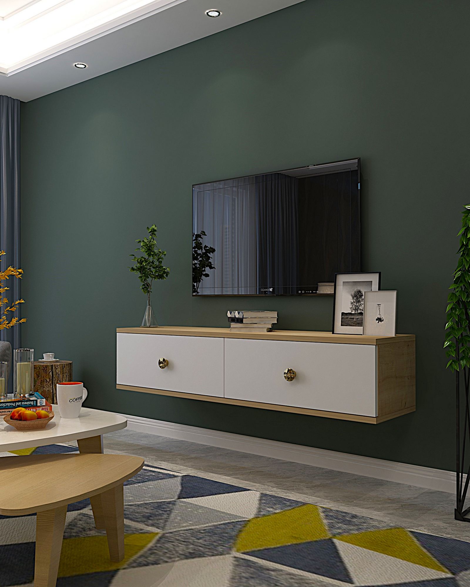 Móvel de TV – 120cm – Carvalho Safira, Branco, Dourado – MDF