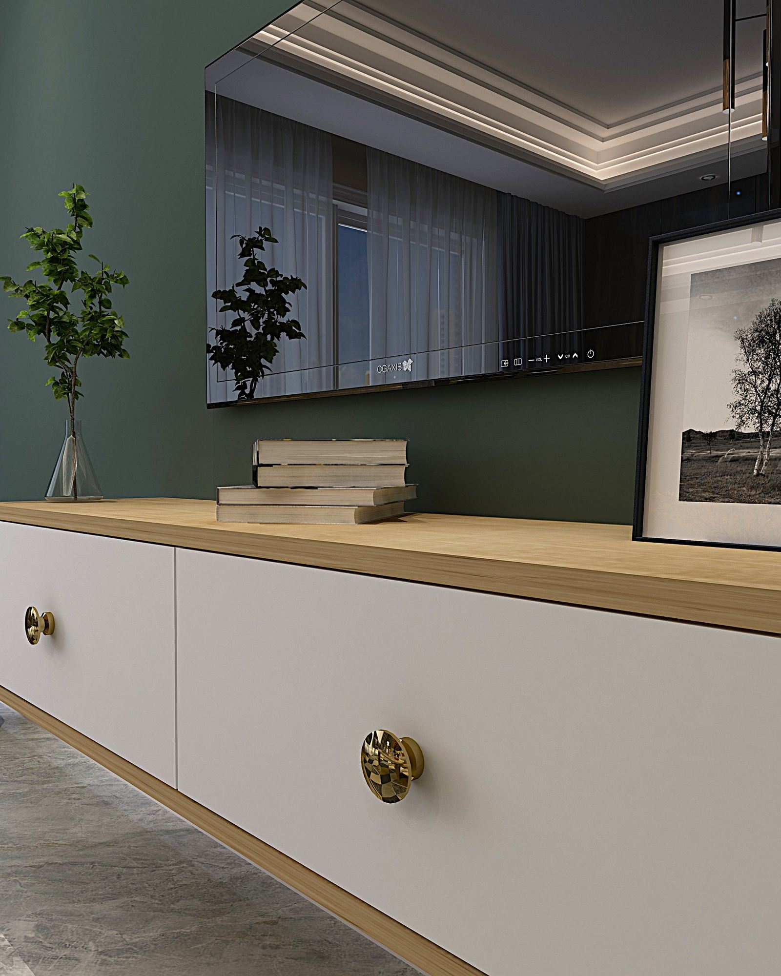 Móvel de TV – 120cm – Carvalho Safira, Branco, Dourado – MDF