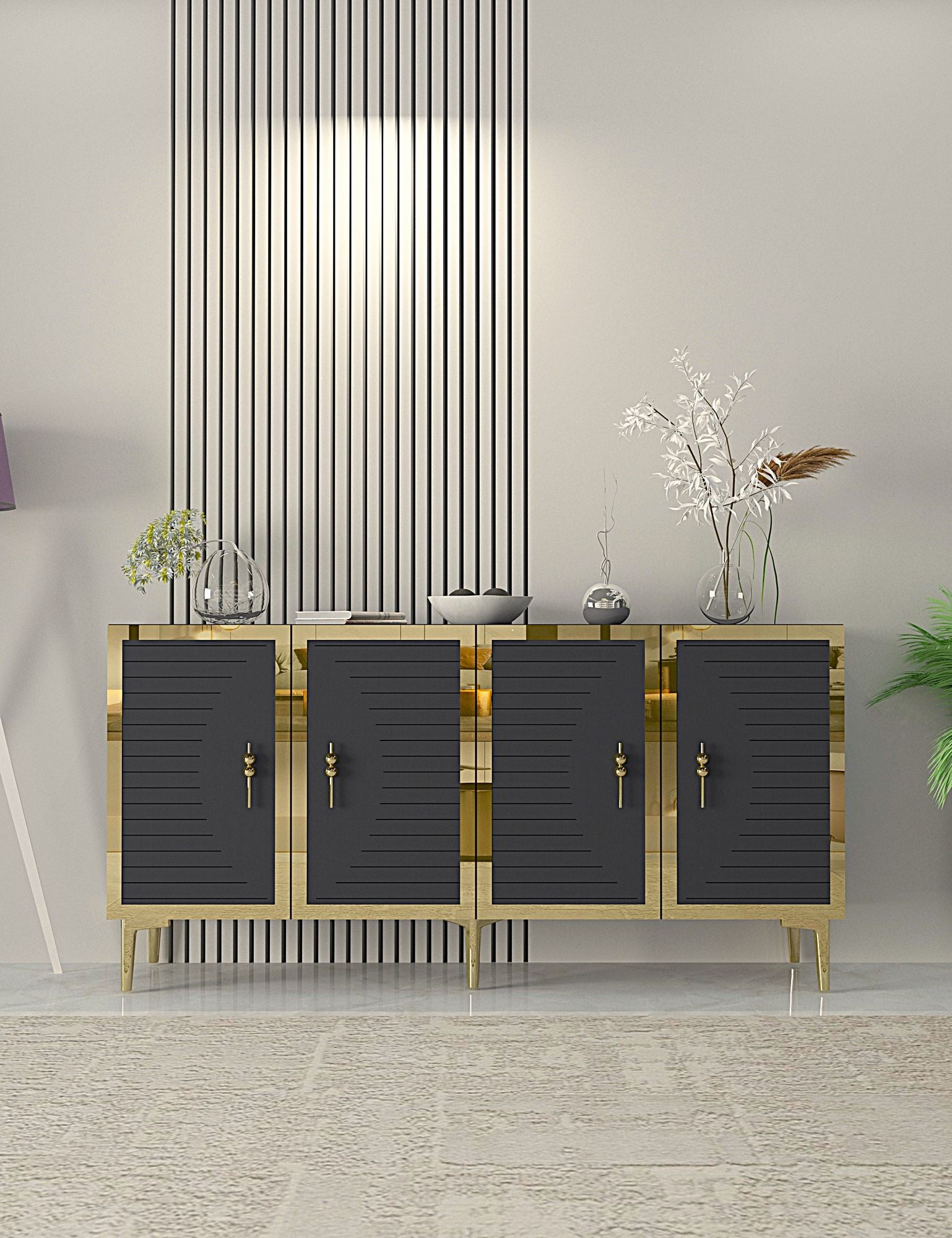 Aparador – 150cm x 75cm x 32cm – Antracite e Dourado – MDF