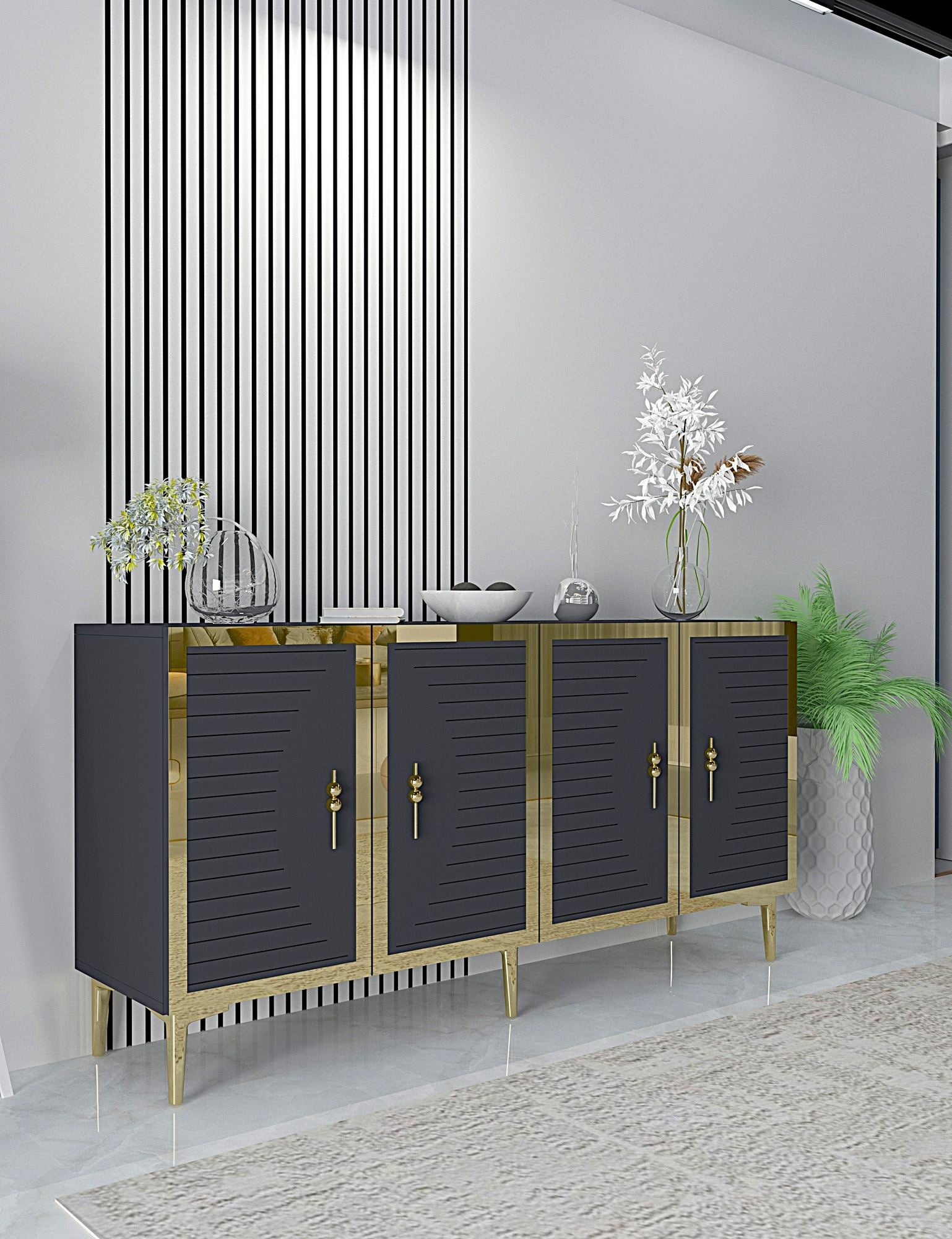 Aparador – 150cm x 75cm x 32cm – Antracite e Dourado – MDF