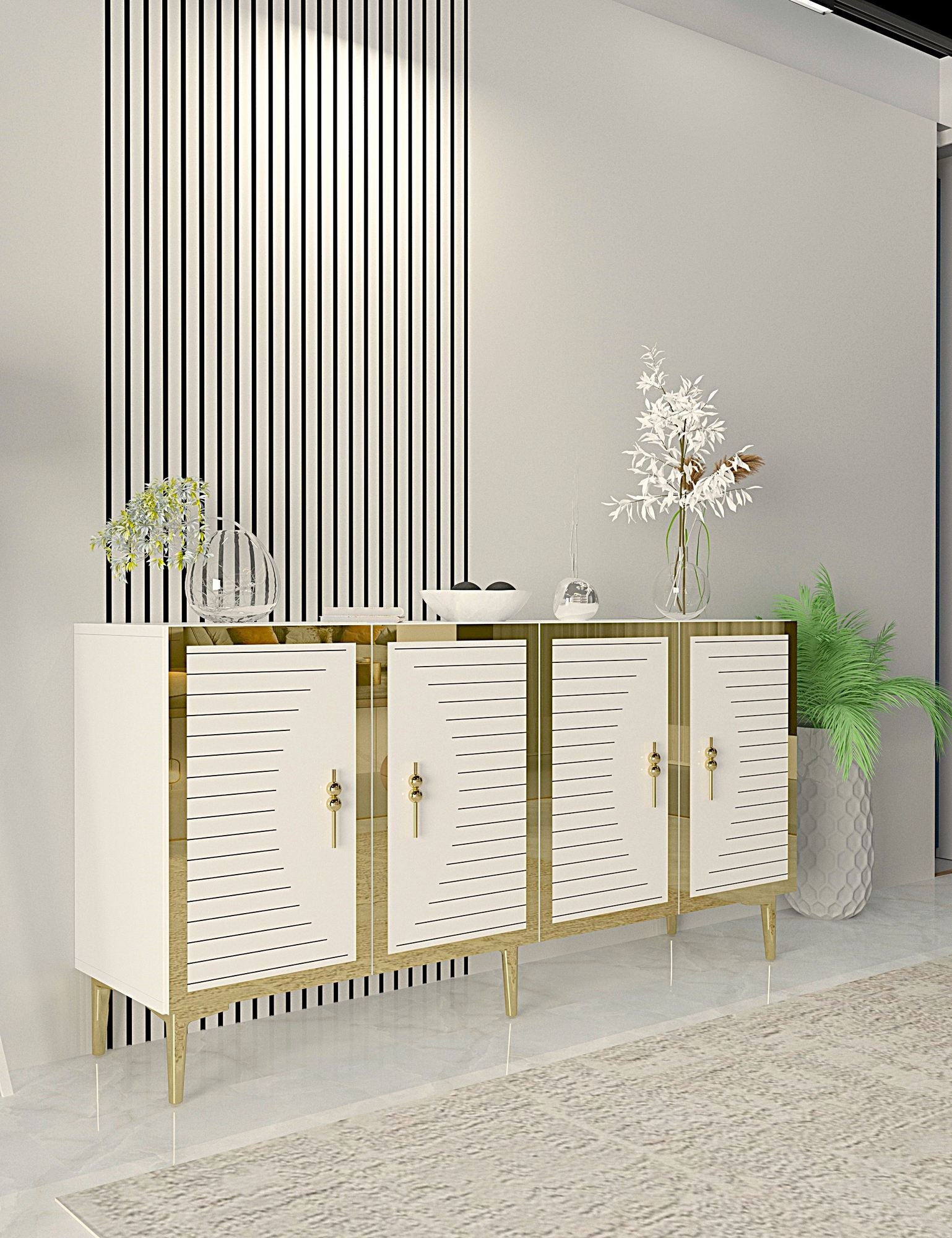 Aparador – 150cm x 75cm x 32cm – Branco e Dourado – MDF
