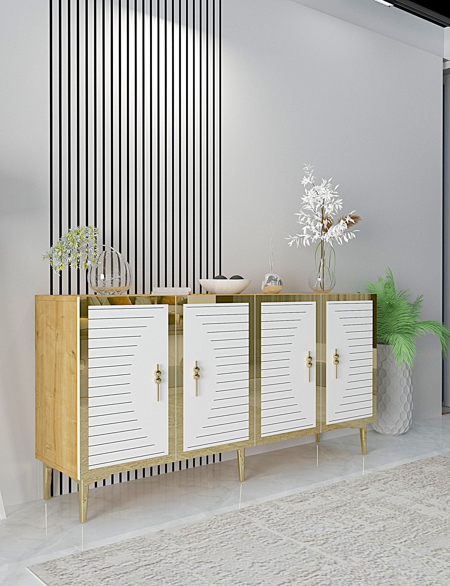 Aparador – 150cm x 75cm x 32cm – Safira, Branco, Dourado – MDF