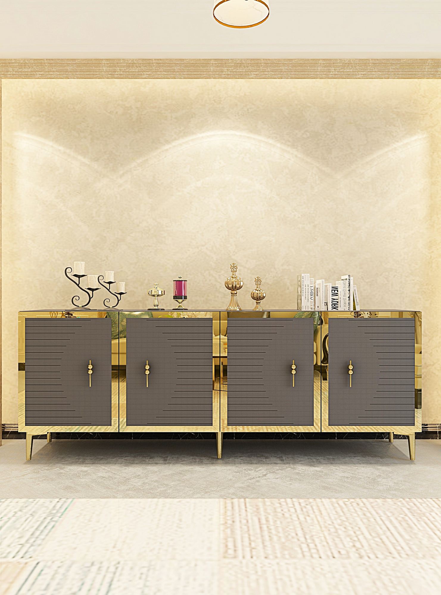 Aparador de aglomerado revestido de melamina – 180 cm x 75 cm x 32 cm – Antracite e Dourado