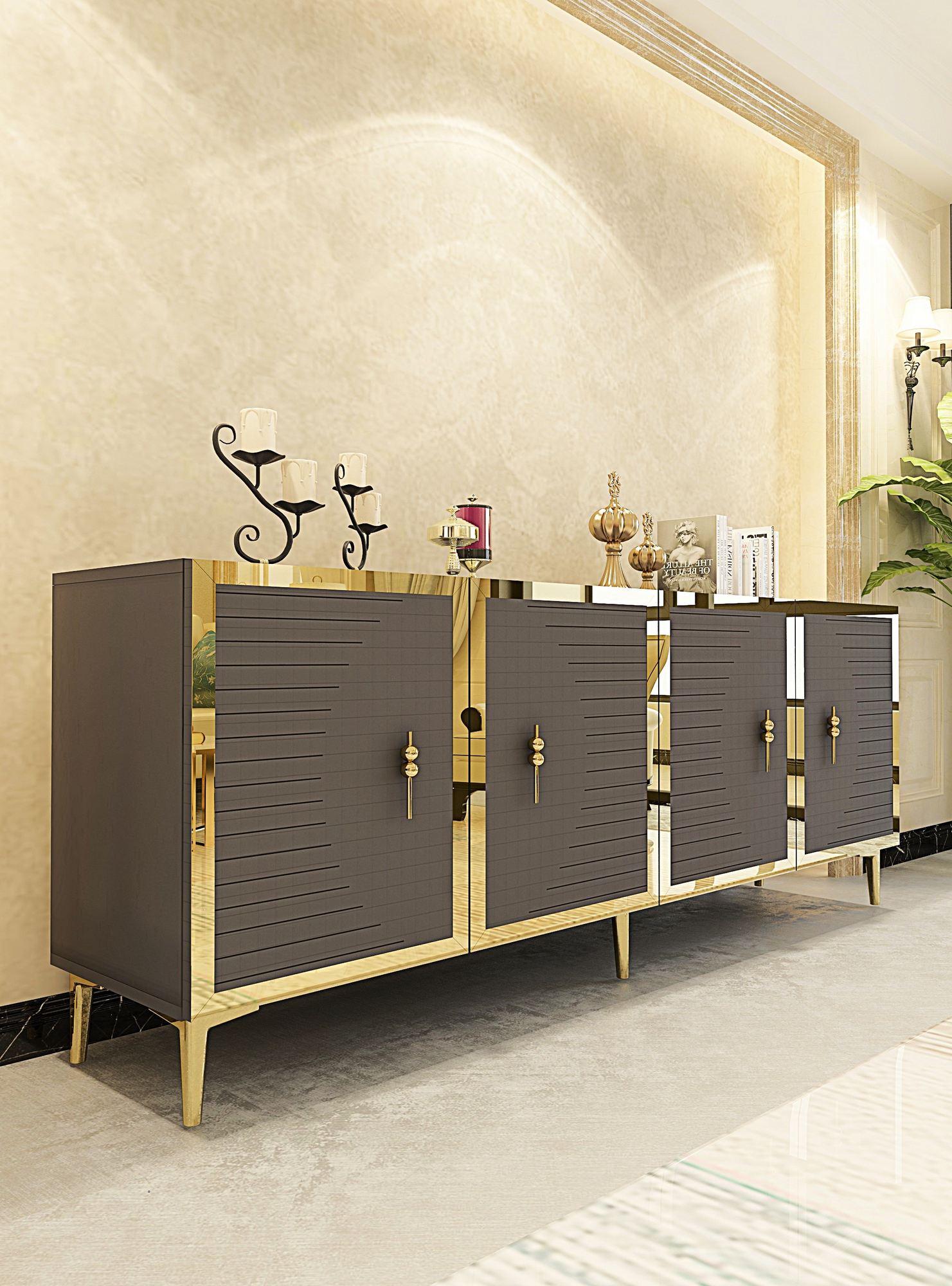 Aparador de aglomerado revestido de melamina – 180 cm x 75 cm x 32 cm – Antracite e Dourado
