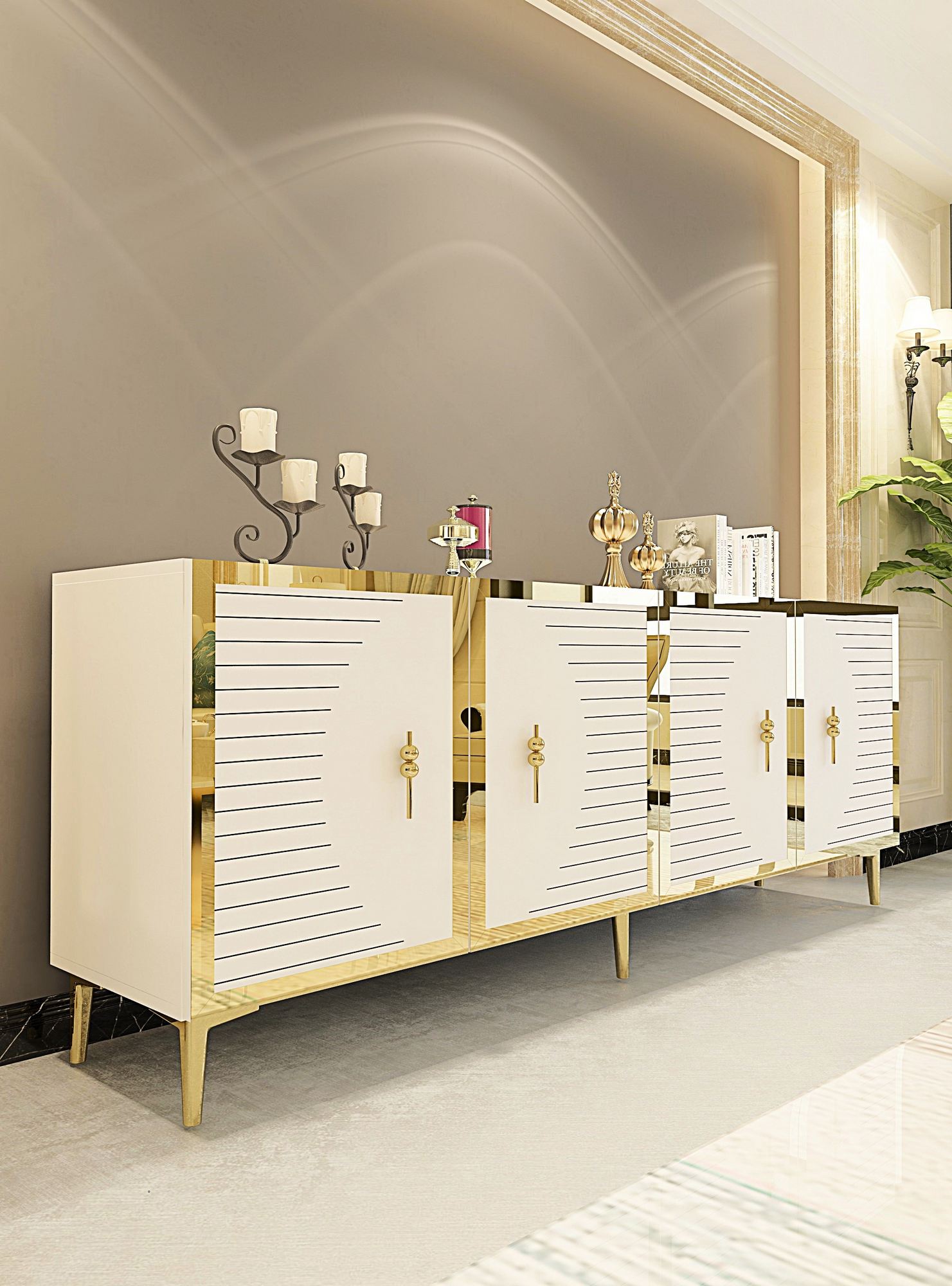 Aparador – 180cm x 75cm x 32cm – Branco e Dourado – MDF