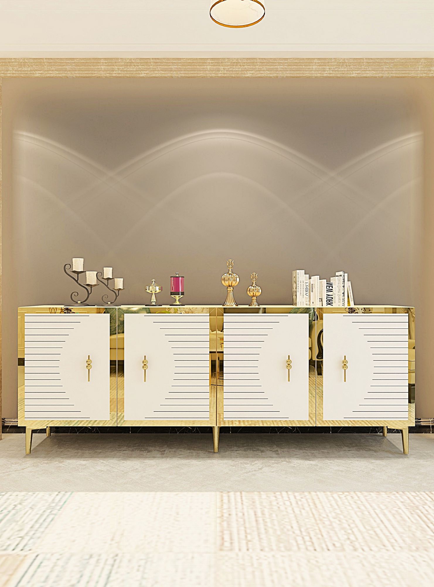 Aparador – 180cm – Carvalho Safira, Branco, Dourado – Aglomerado revestido de melamina