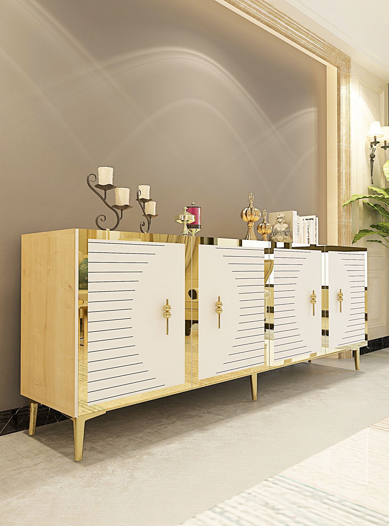 Aparador – 180cm – Carvalho Safira, Branco, Dourado – Aglomerado revestido de melamina