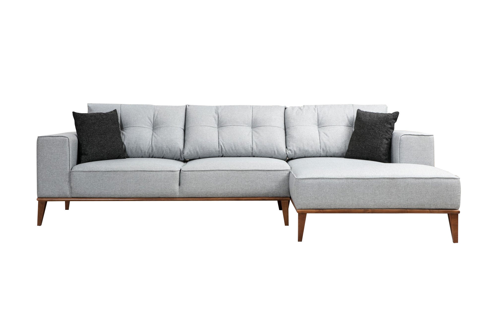 Sofá-cama de canto elegante, cinza claro, 288 x 160 cm | Estrutura em madeira de faia e aglomerado, 100% poliéster, pernas em nogueira | Confortável e versátil para espaços modernos