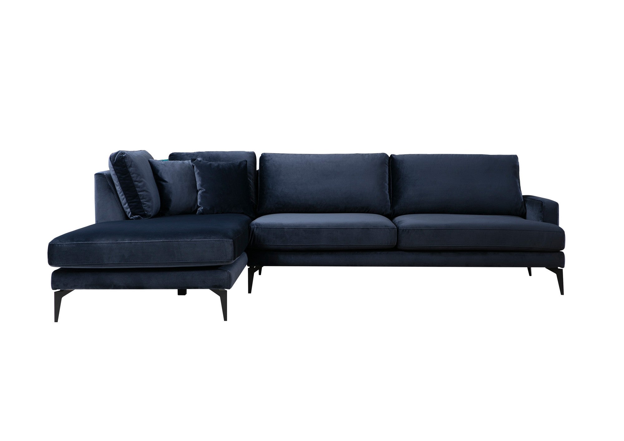 Sofá de canto elegante em azul-marinho, estrutura de madeira de faia e aglomerado, 283 x 180 cm | Almofadas de espuma cinza macia, portáteis e laváveis a seco | Design industrial moderno