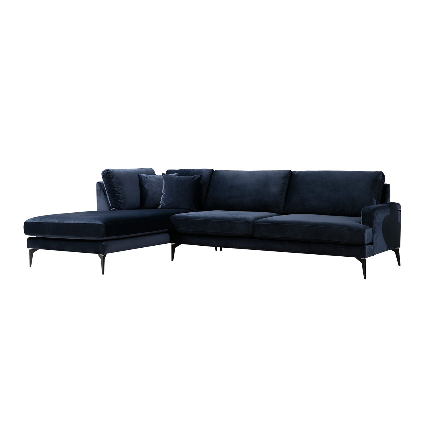 Sofá de canto elegante em azul-marinho, estrutura de madeira de faia e aglomerado, 283 x 180 cm | Almofadas de espuma cinza macia, portáteis e laváveis a seco | Design industrial moderno