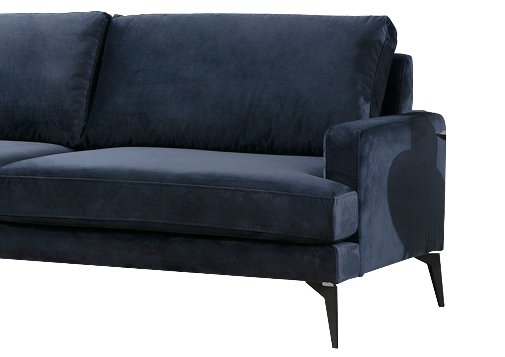 Sofá de canto elegante em azul-marinho, estrutura de madeira de faia e aglomerado, 283 x 180 cm | Almofadas de espuma cinza macia, portáteis e laváveis a seco | Design industrial moderno