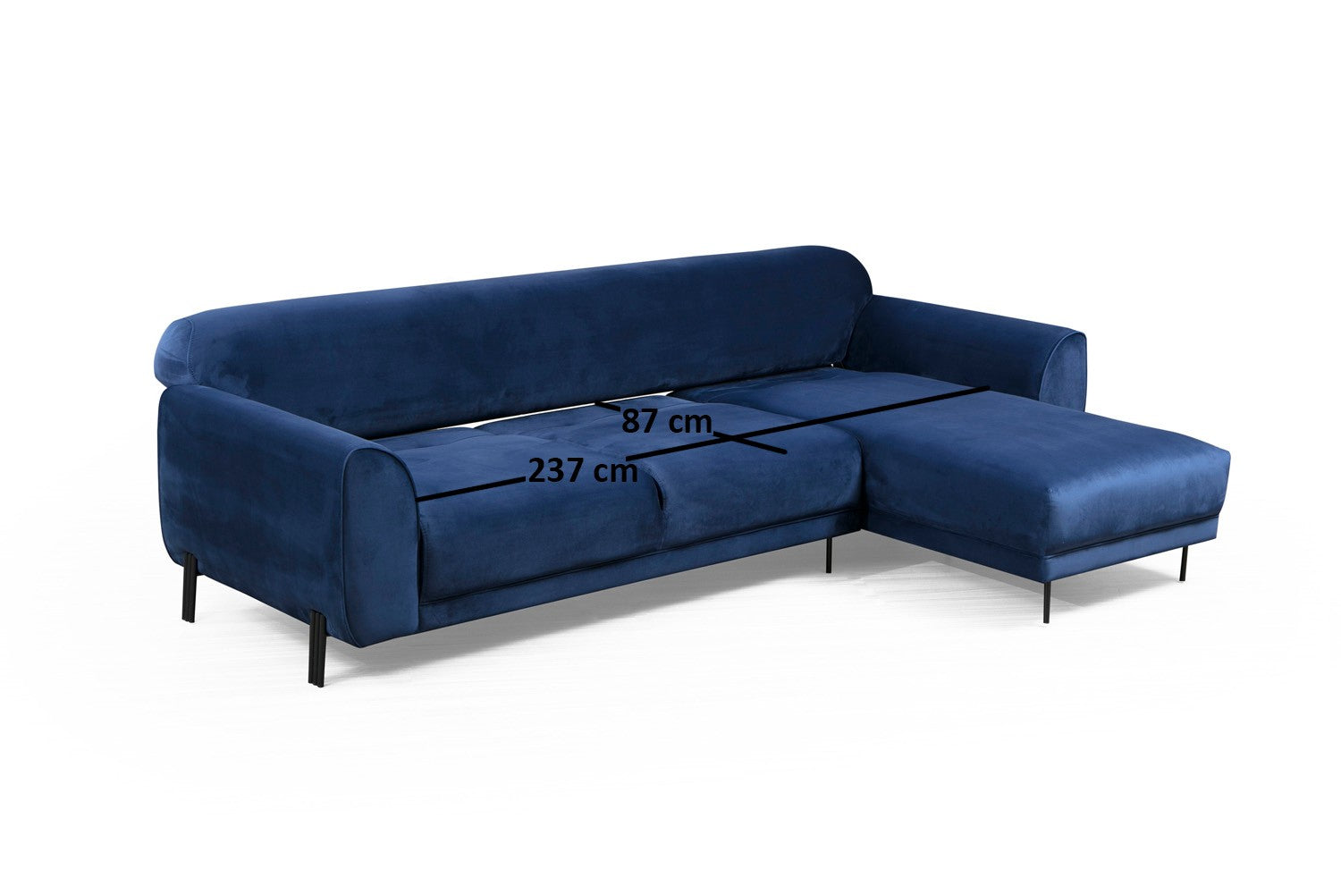 Sofá-cama de canto elegante em azul-marinho, estrutura de madeira de faia e aglomerado, 287 x 169 cm | 100% poliéster, espuma de mola de 10 cm, design industrial moderno