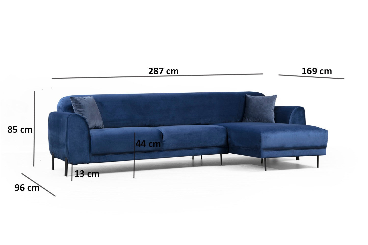 Sofá-cama de canto elegante em azul-marinho, estrutura de madeira de faia e aglomerado, 287 x 169 cm | 100% poliéster, espuma de mola de 10 cm, design industrial moderno