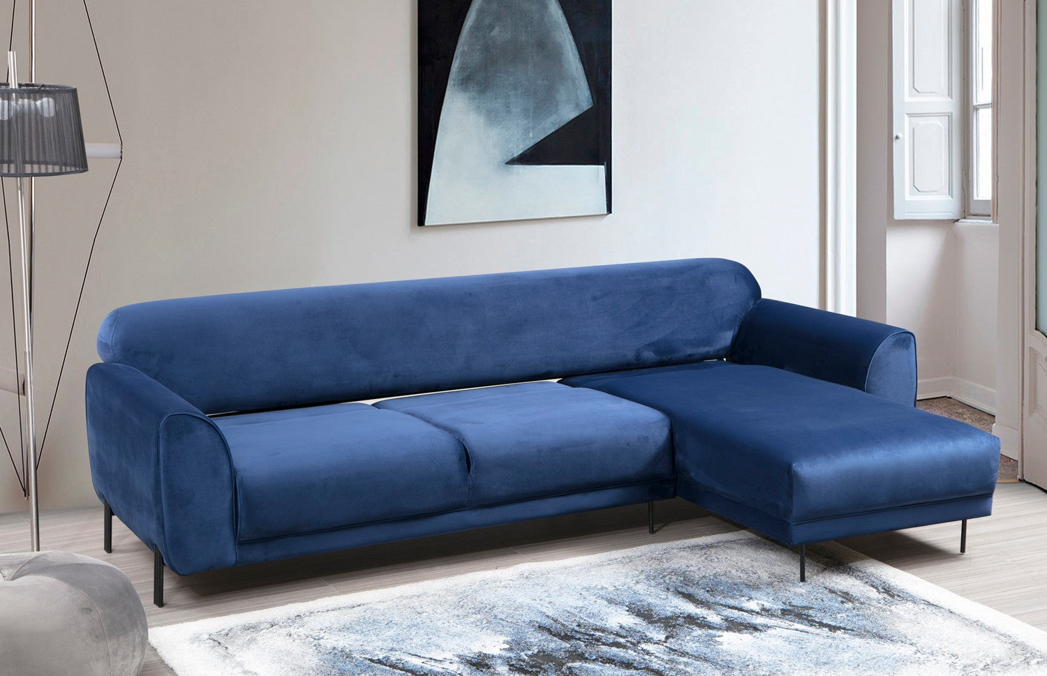 Sofá-cama de canto elegante em azul-marinho, estrutura de madeira de faia e aglomerado, 287 x 169 cm | 100% poliéster, espuma de mola de 10 cm, design industrial moderno