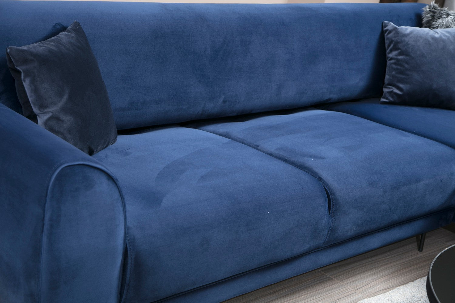 Sofá-cama de canto elegante em azul-marinho, estrutura de madeira de faia e aglomerado, 287 x 169 cm | 100% poliéster, espuma de mola de 10 cm, design industrial moderno