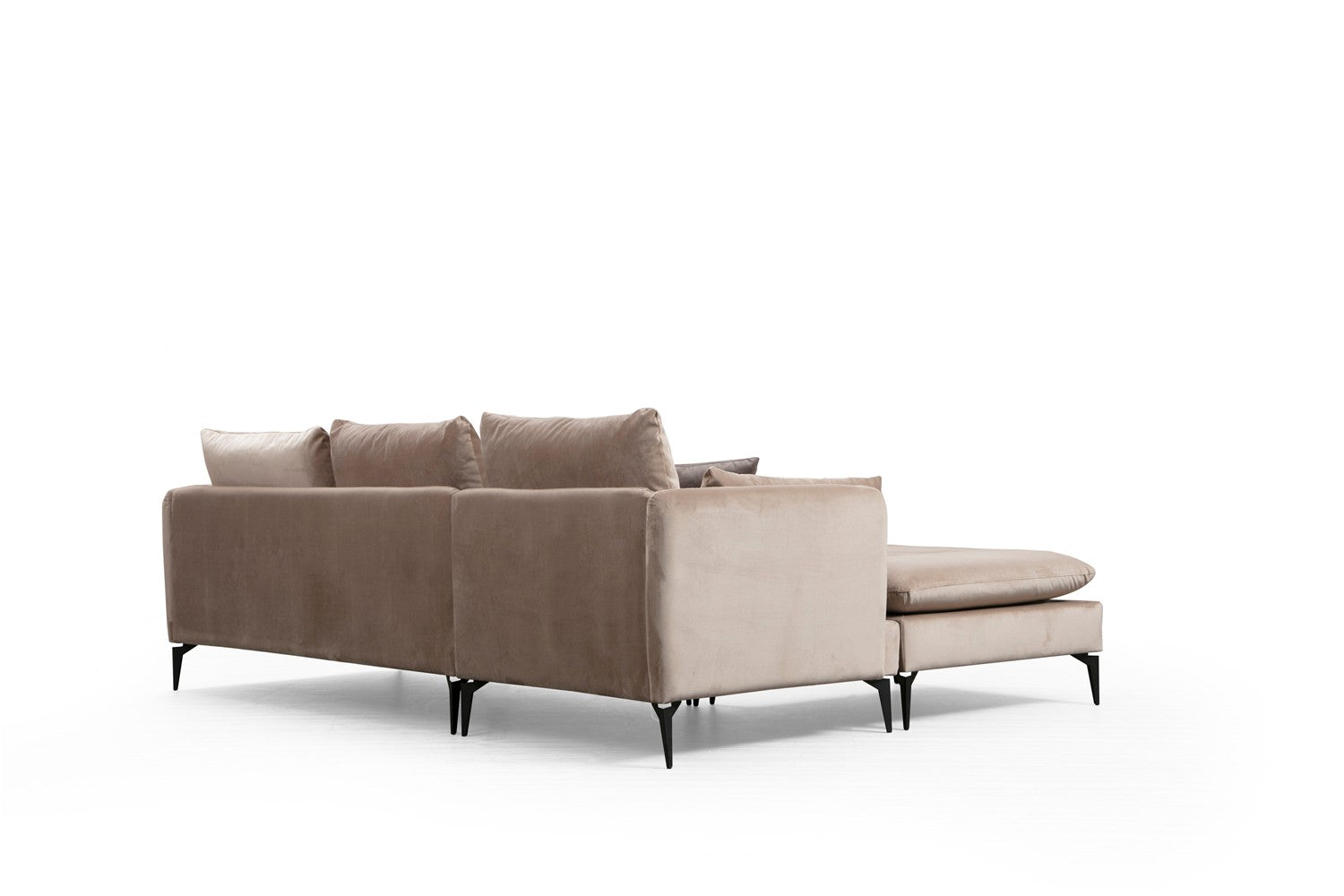 Sofá de canto bege com pufe, estrutura de madeira de faia e aglomerado, 289 x 186 cm | 100% poliéster, sistema de sofá-cama, design industrial moderno, pernas pretas foscas